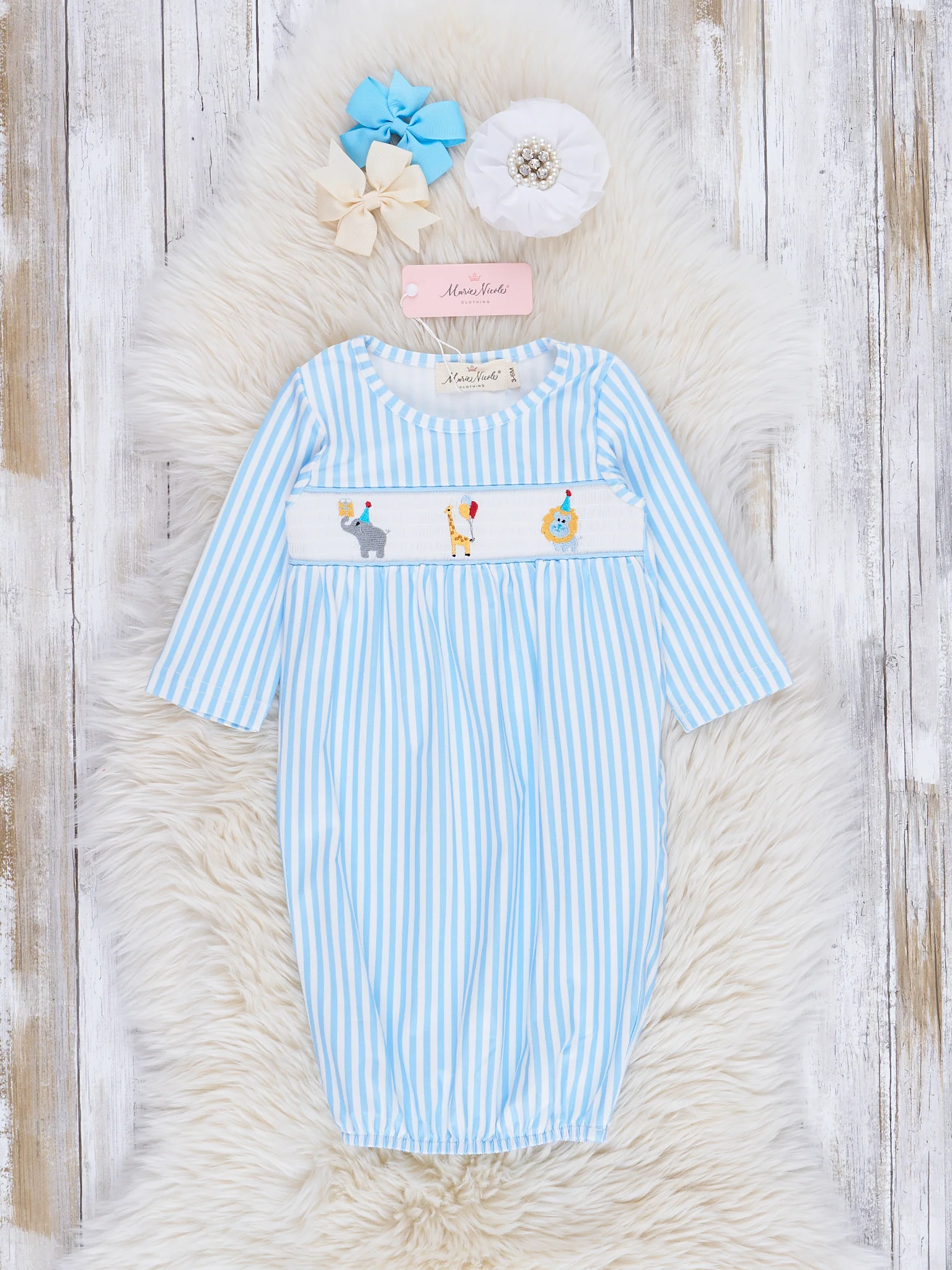 Blue Stripe Smocked Circus Friends Gown - Image 2
