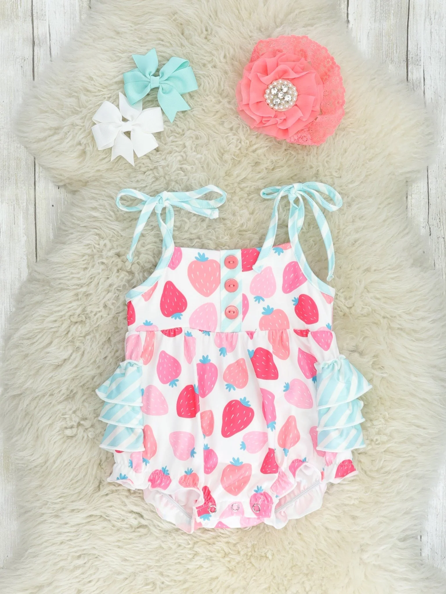 Blue Stripe Strawberry Tank Ruffle Bubble Romper