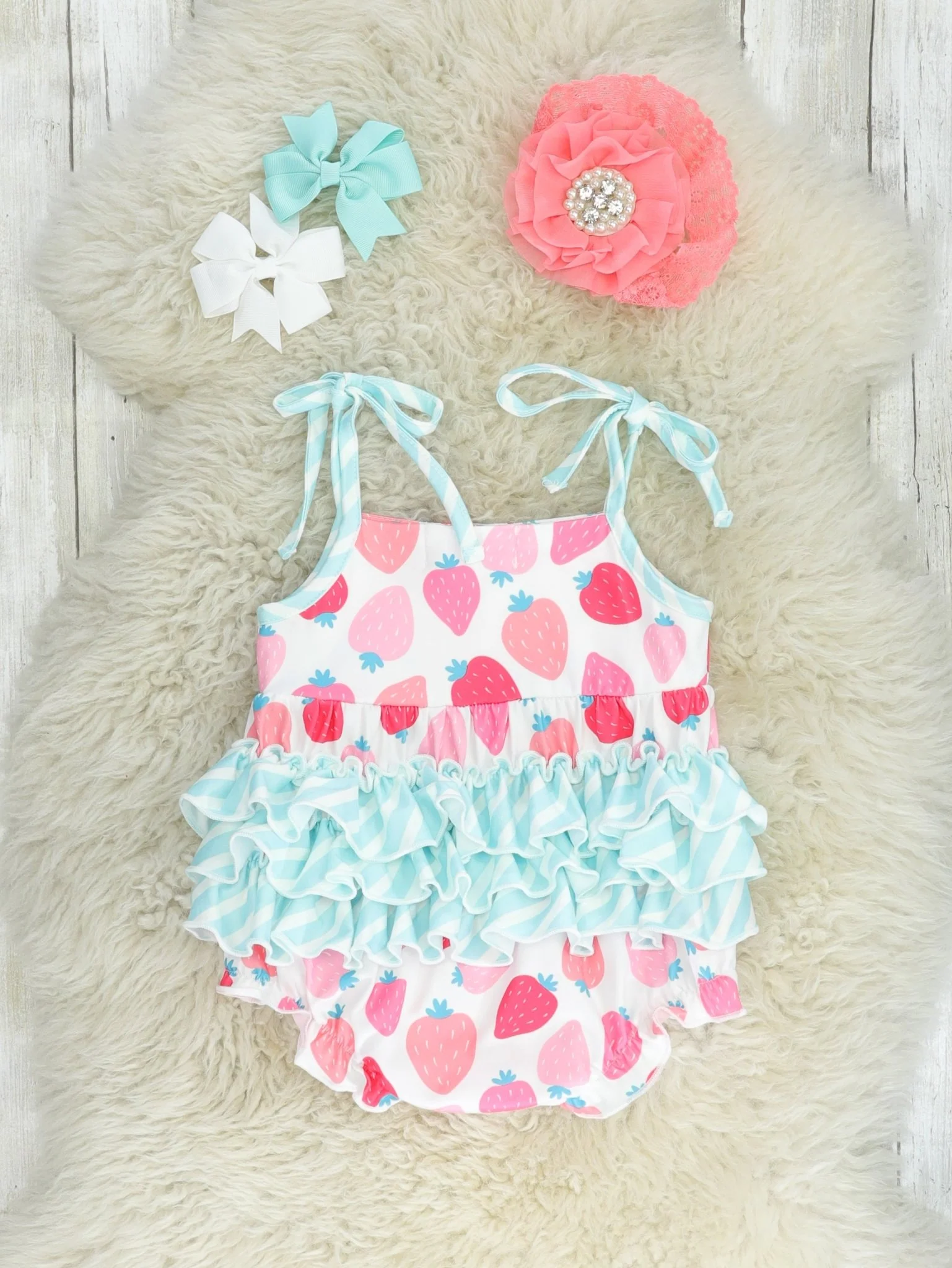 Blue Stripe Strawberry Tank Ruffle Bubble Romper - Image 2