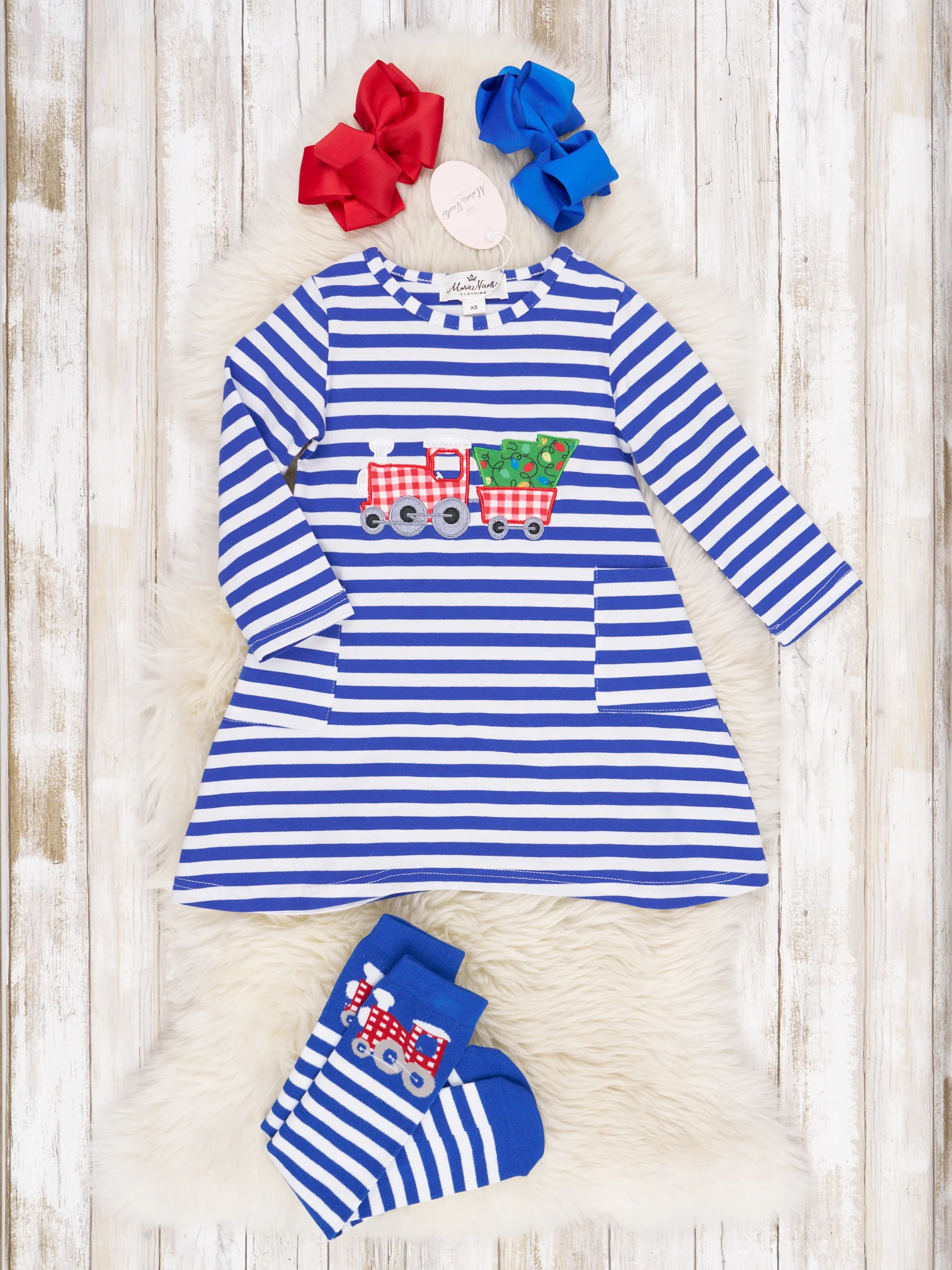 Blue Striped Christmas Tree Train Pocket Dress - Image 2