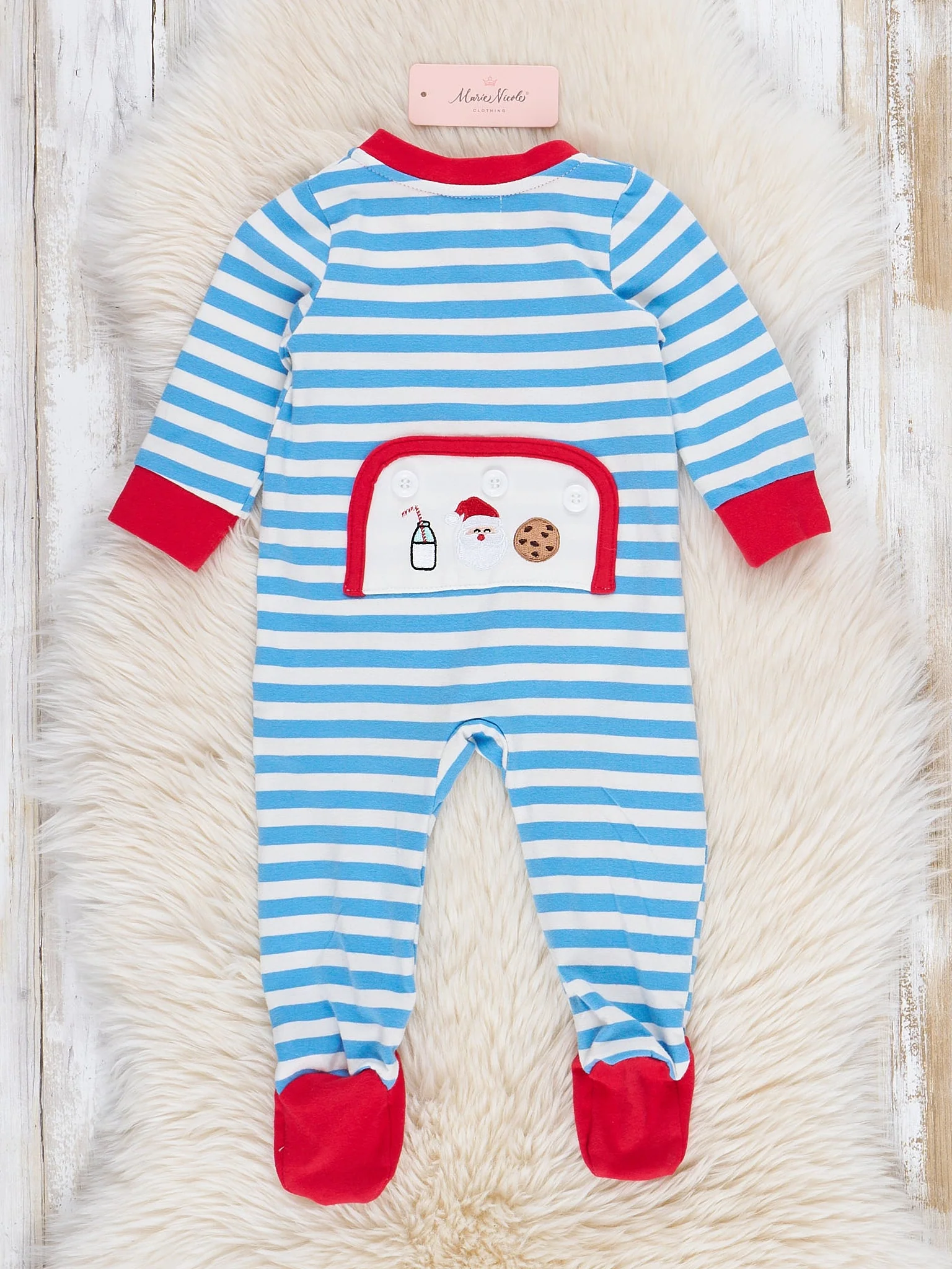 Blue Striped Embroidered Santa Cookies Footed Sleeper Pajamas - Image 2