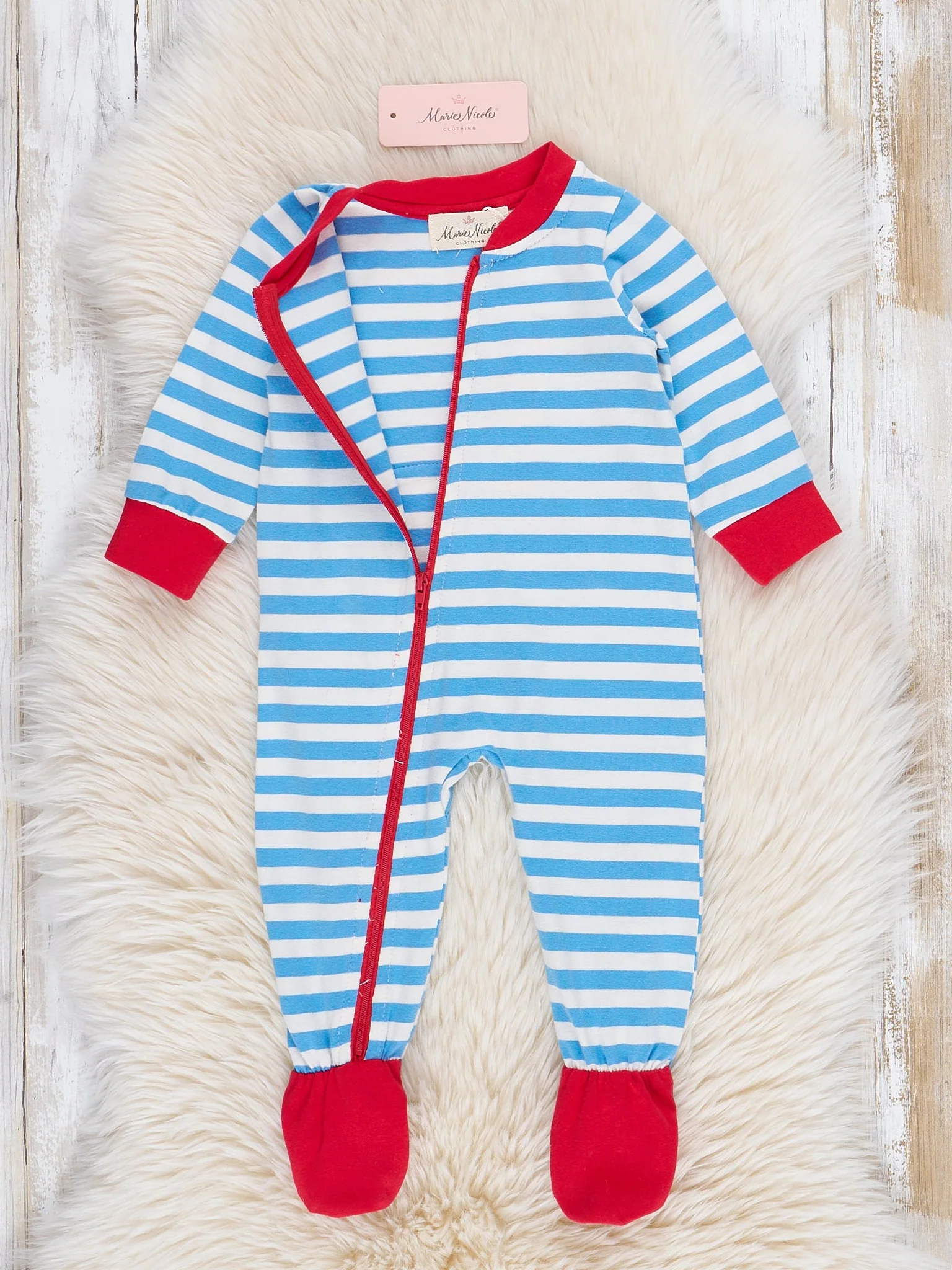 Blue Striped Embroidered Santa Cookies Footed Sleeper Pajamas - Image 3