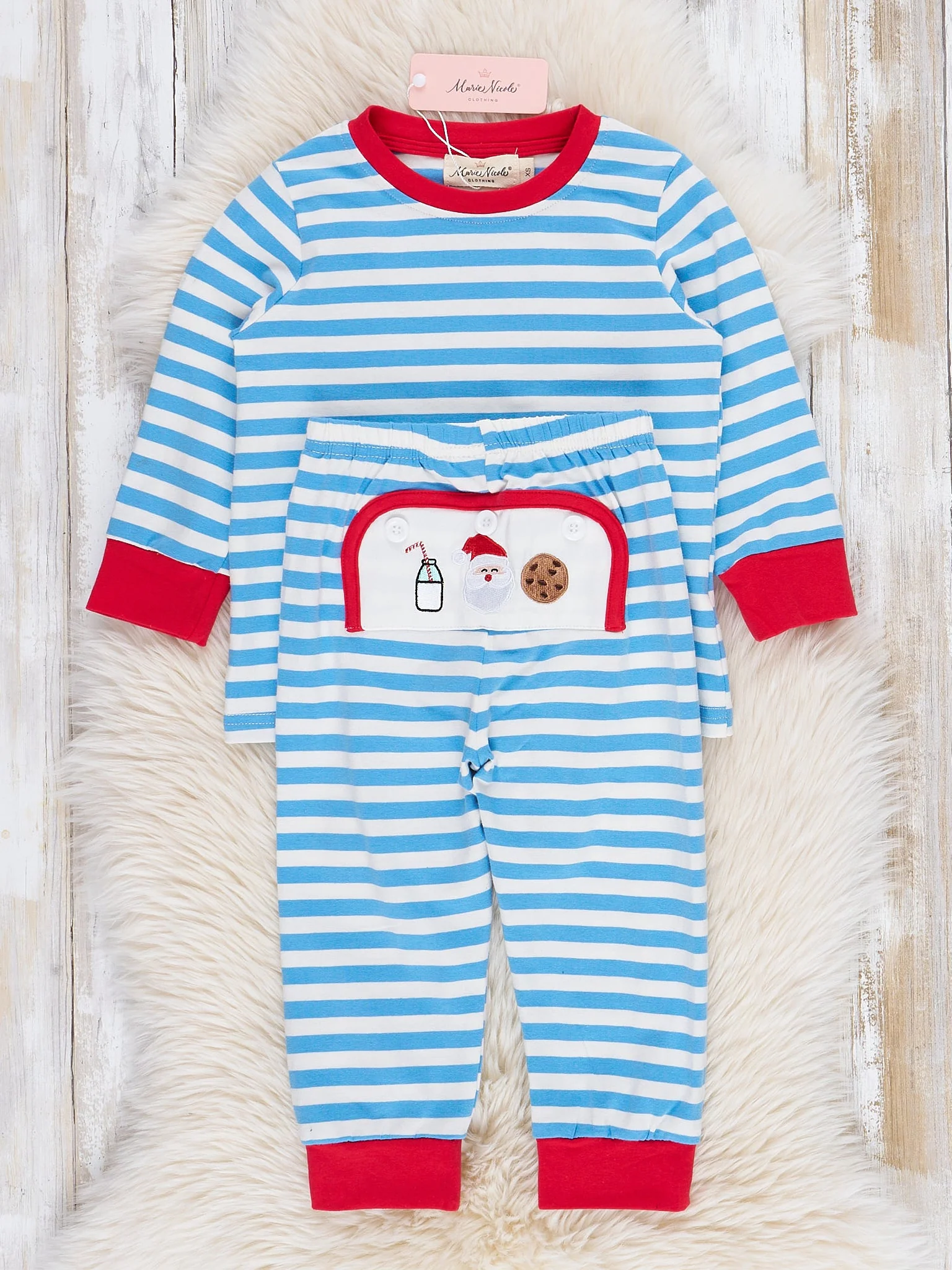 Blue Striped Embroidered Santa Cookies Pajamas - Image 2