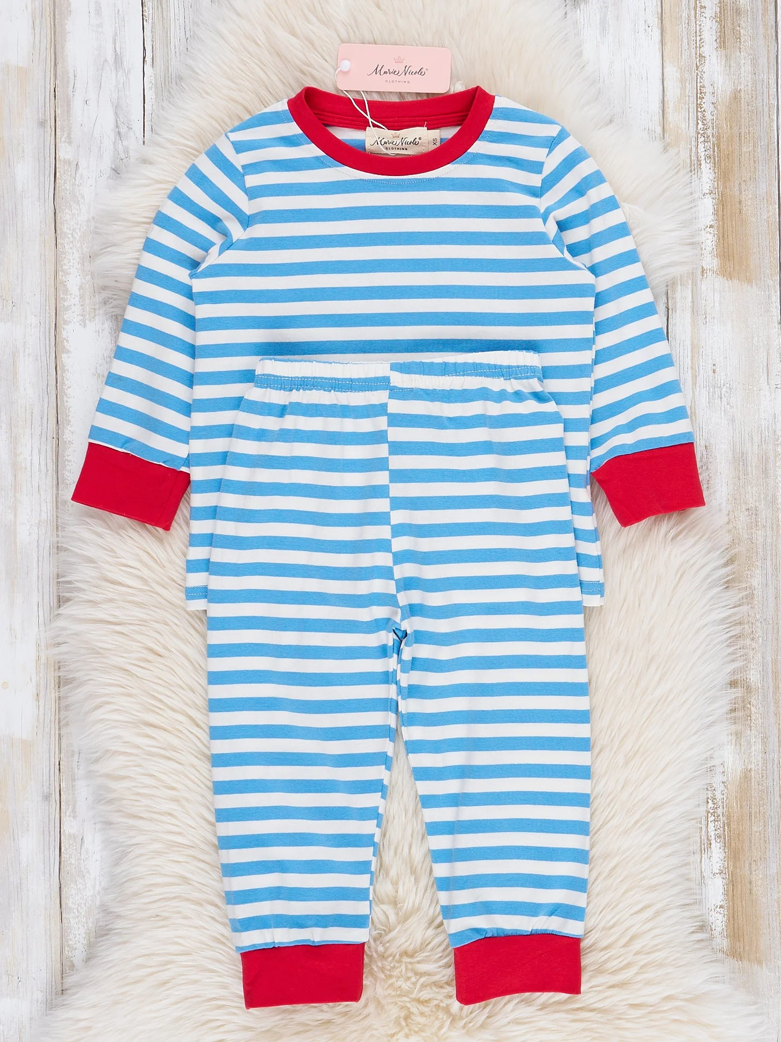 Blue Striped Embroidered Santa Cookies Pajamas - Image 3