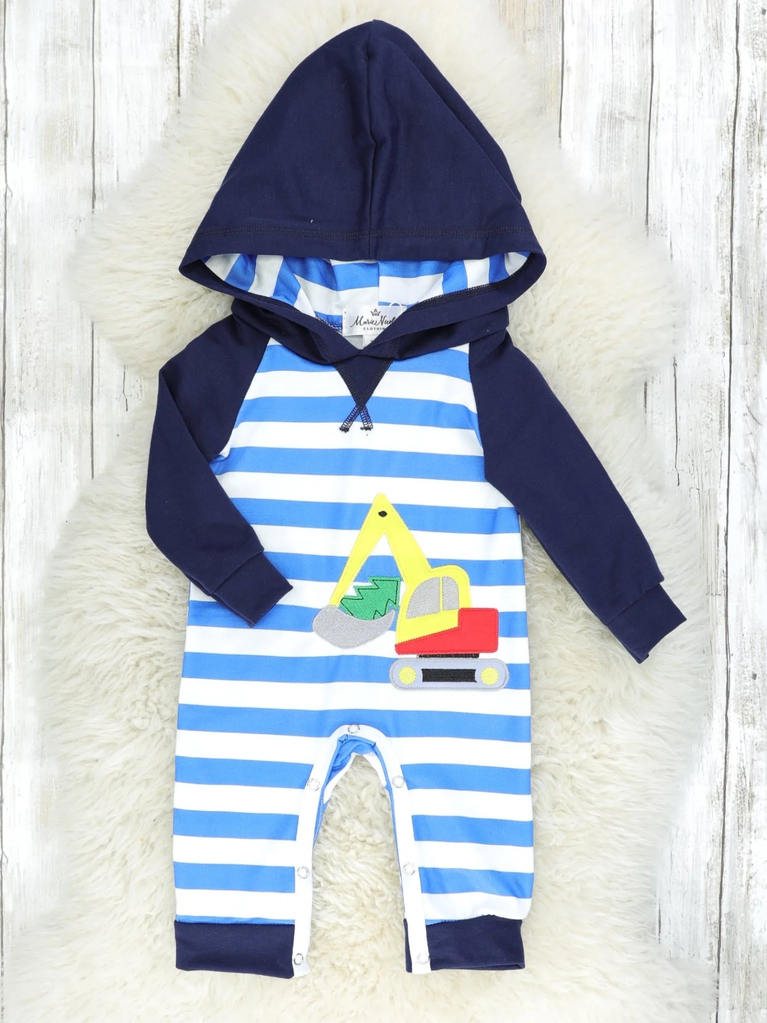 Blue Striped Excavator Hoodie Romper