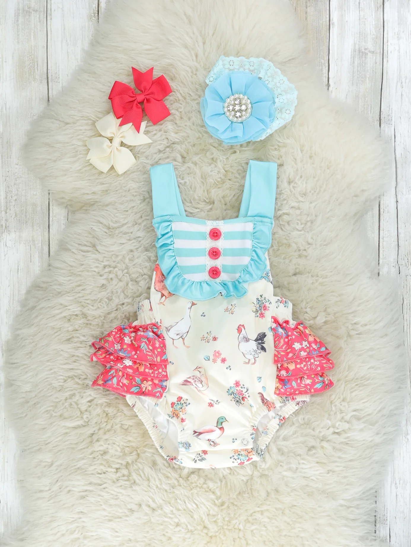 Blue Striped Flock Ruffle Bubble Romper
