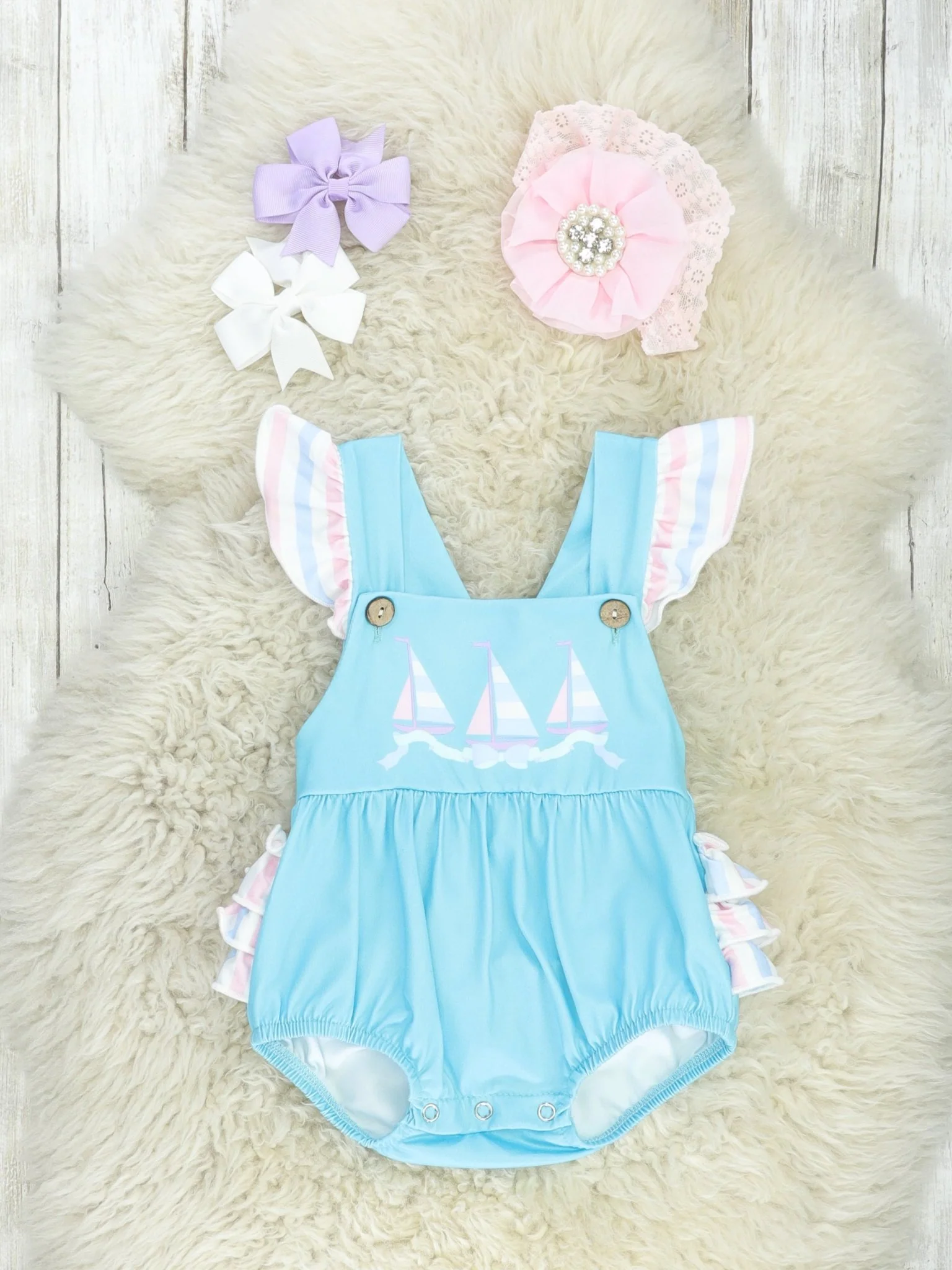 Blue Striped Sailboat Ruffle Bubble Romper
