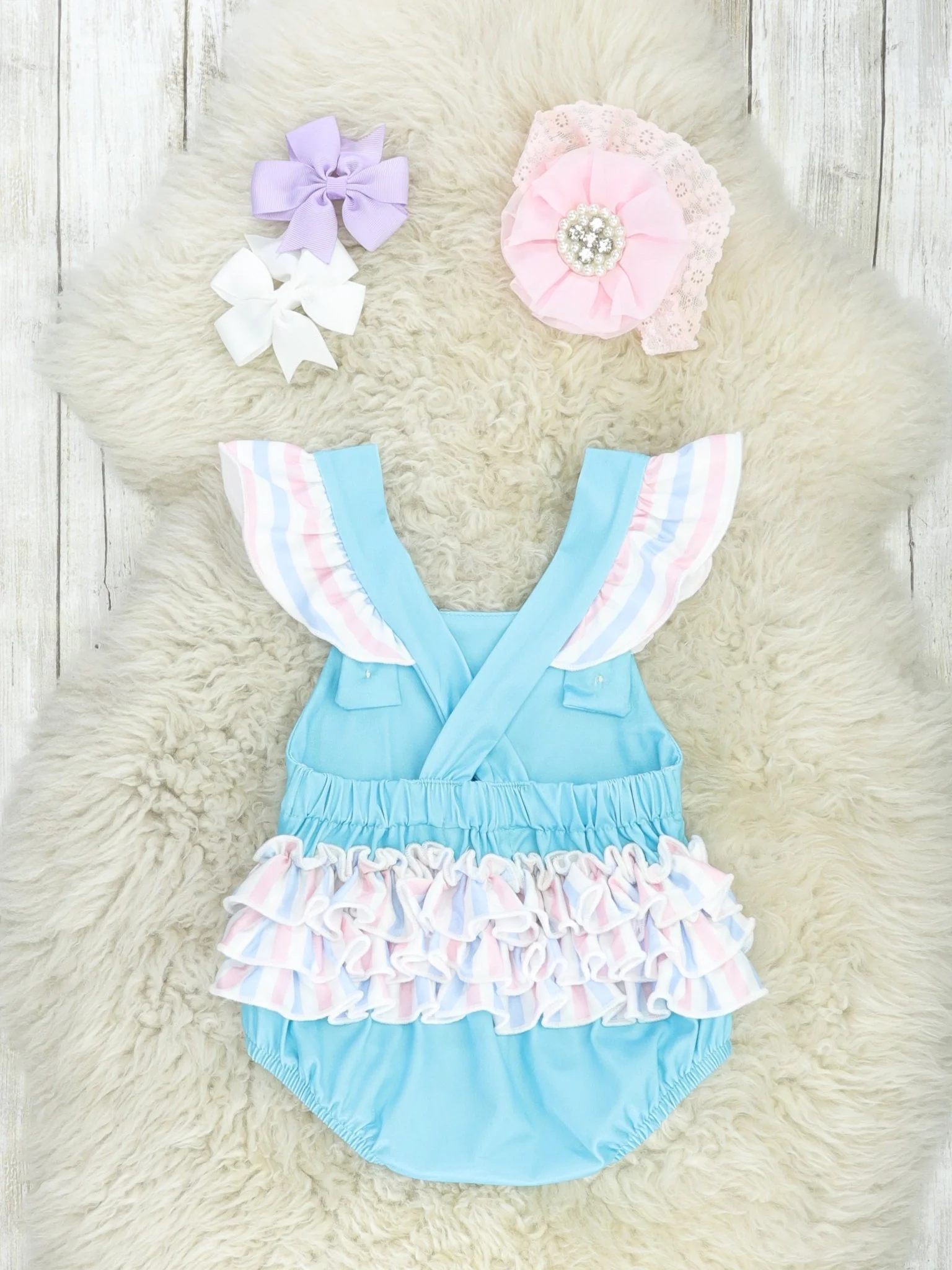 Blue Striped Sailboat Ruffle Bubble Romper - Image 2