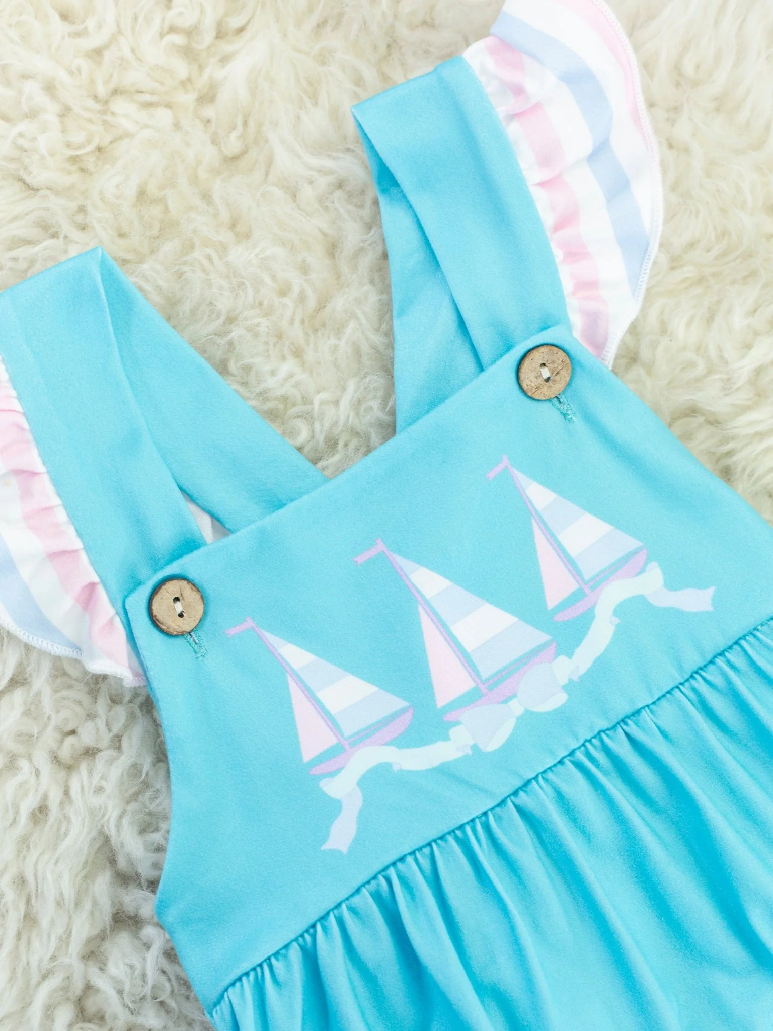 Blue Striped Sailboat Ruffle Bubble Romper - Image 3