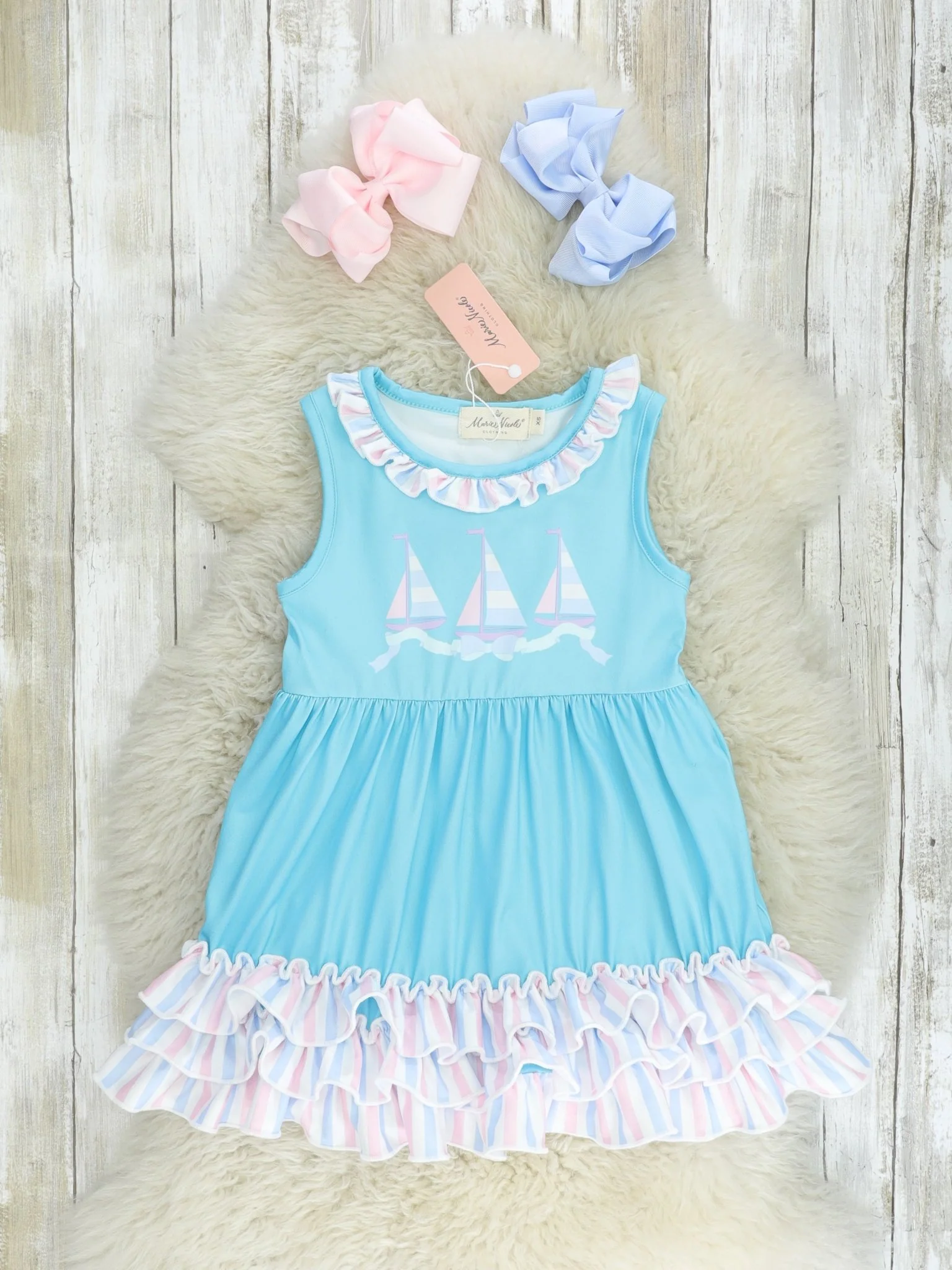 Blue Striped Sailboat Ruffle Dress