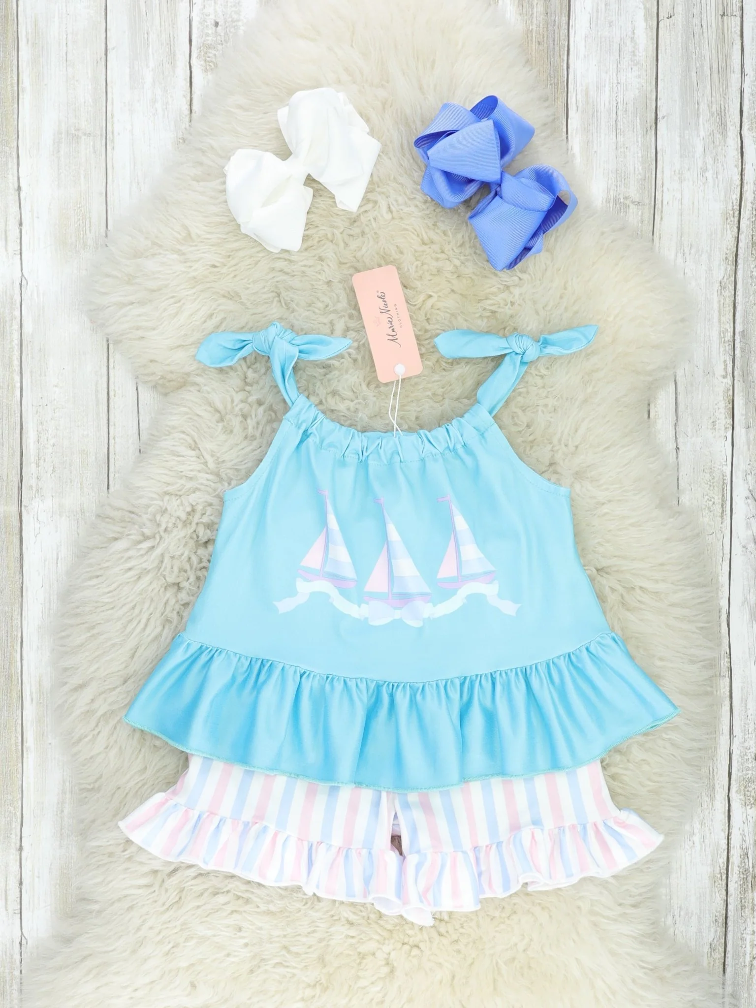 Blue Striped Sailboat Ruffle Outfit