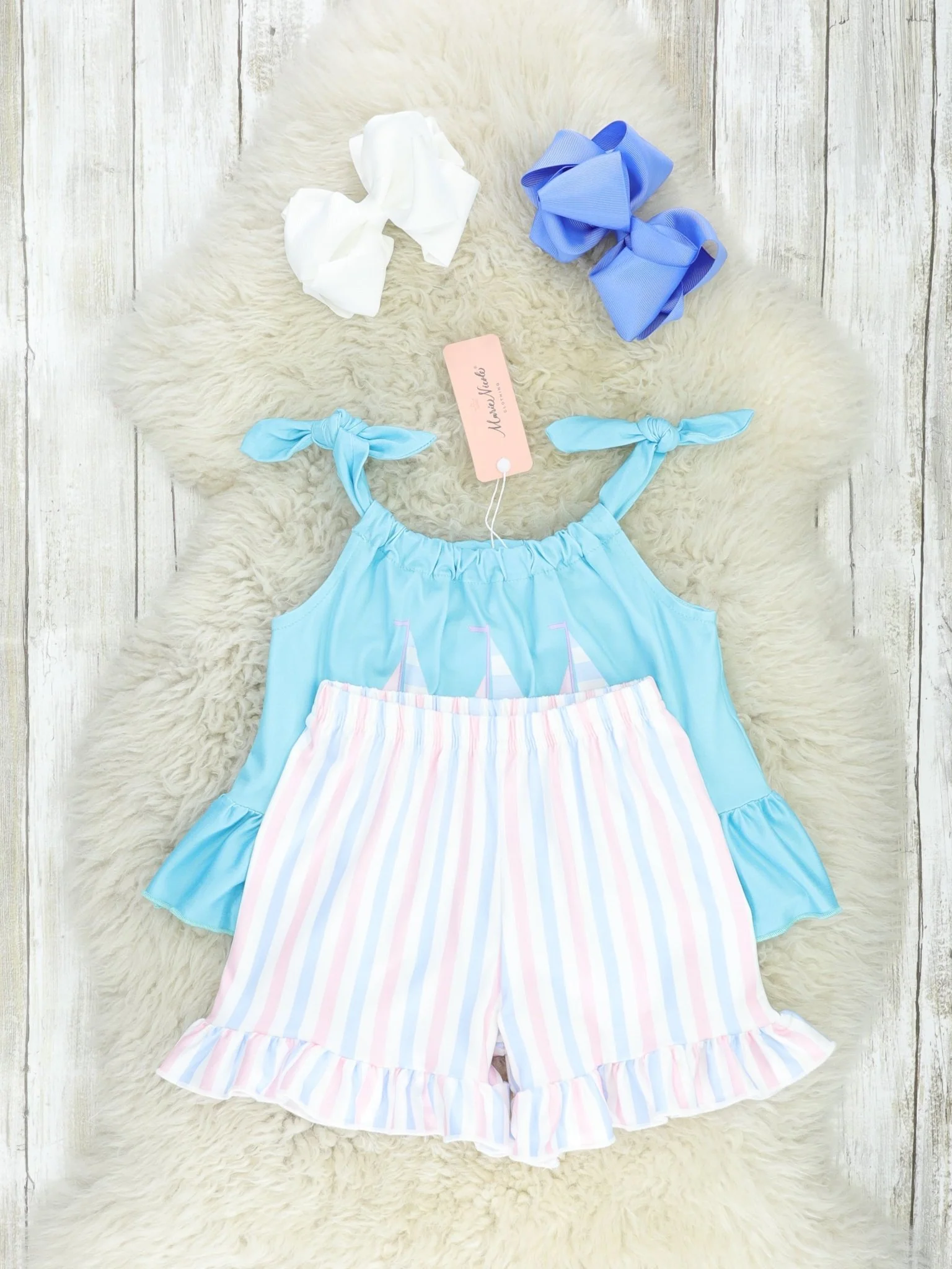 Blue Striped Sailboat Ruffle Outfit - Image 2