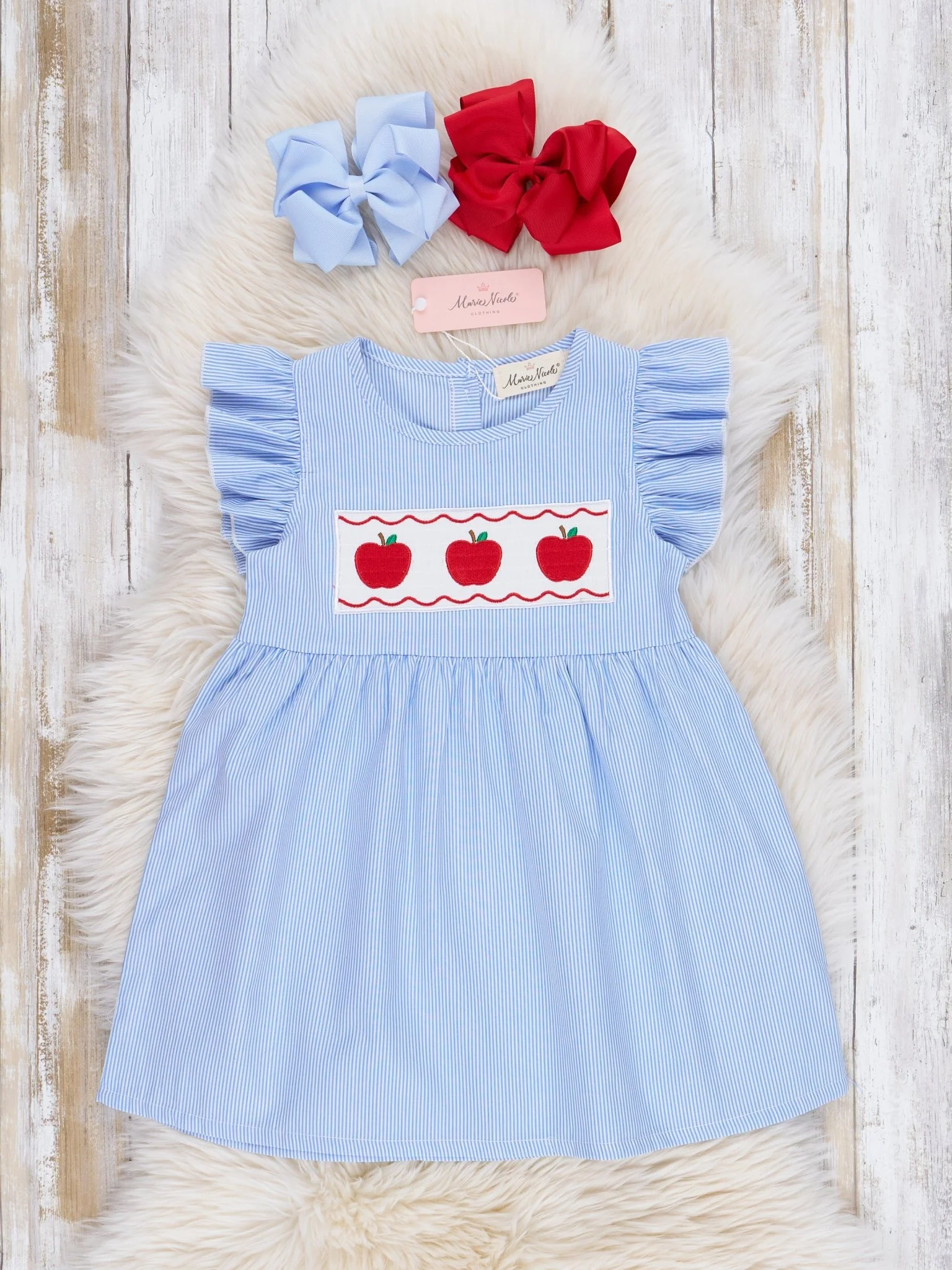 Blue Striped Smocked Apples Ruffle Dress - Image 2