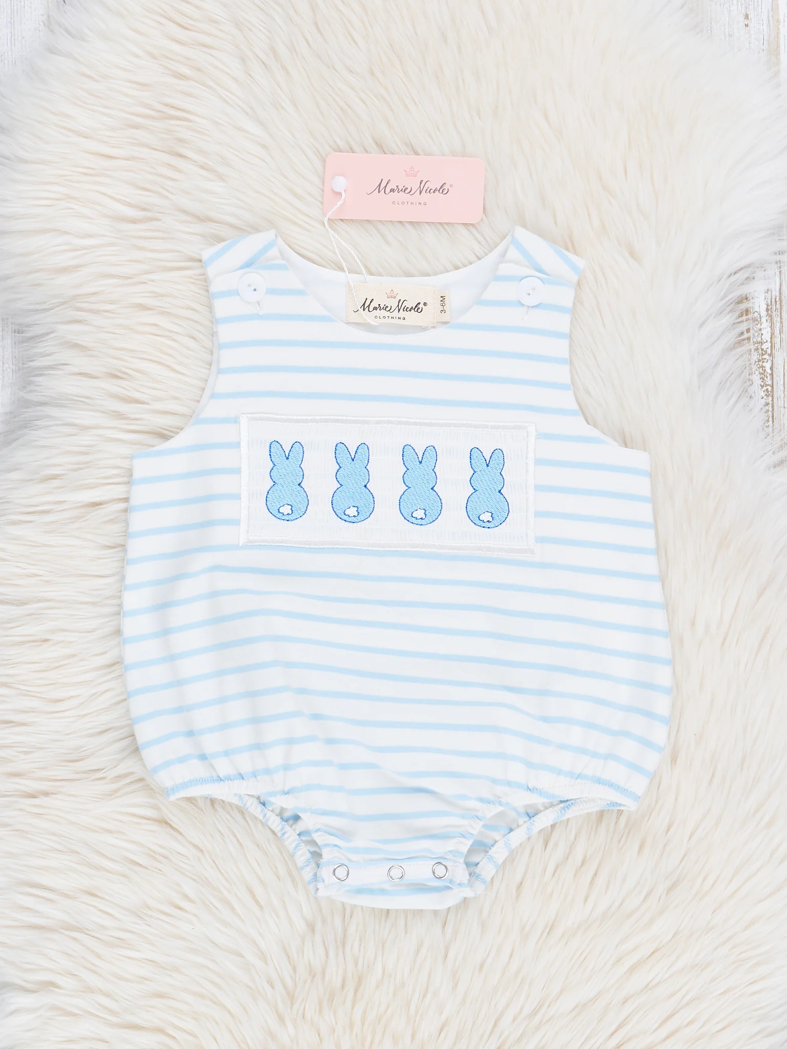 Blue Striped Smocked Bunnies Bubble Romper
