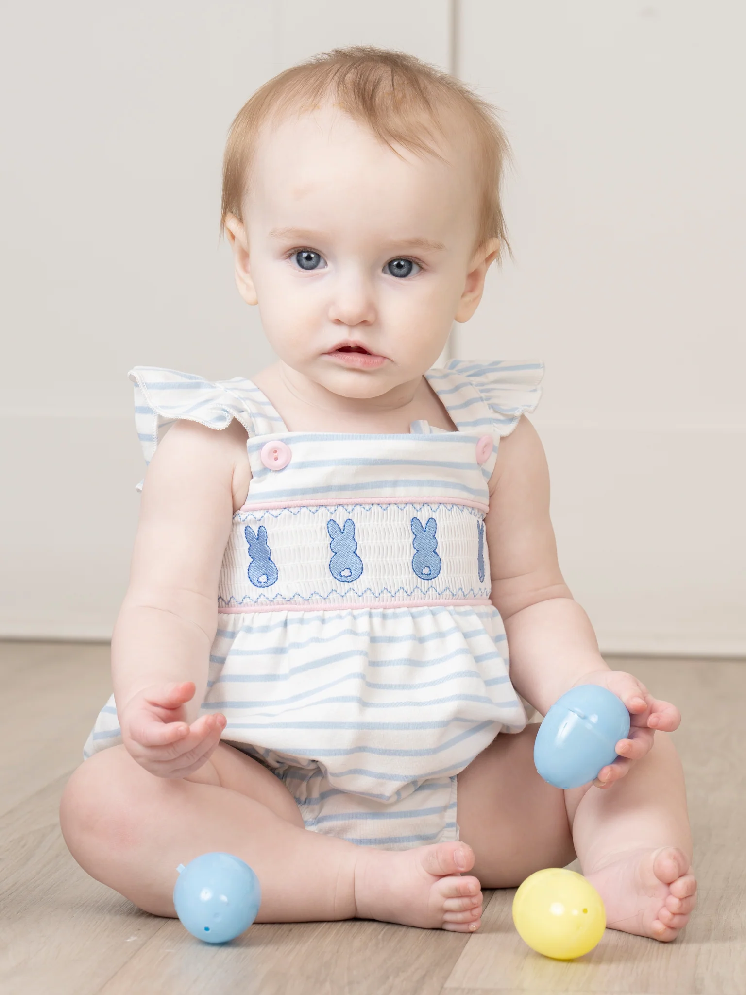 Blue Striped Smocked Bunnies Ruffle Bubble Romper - Image 2