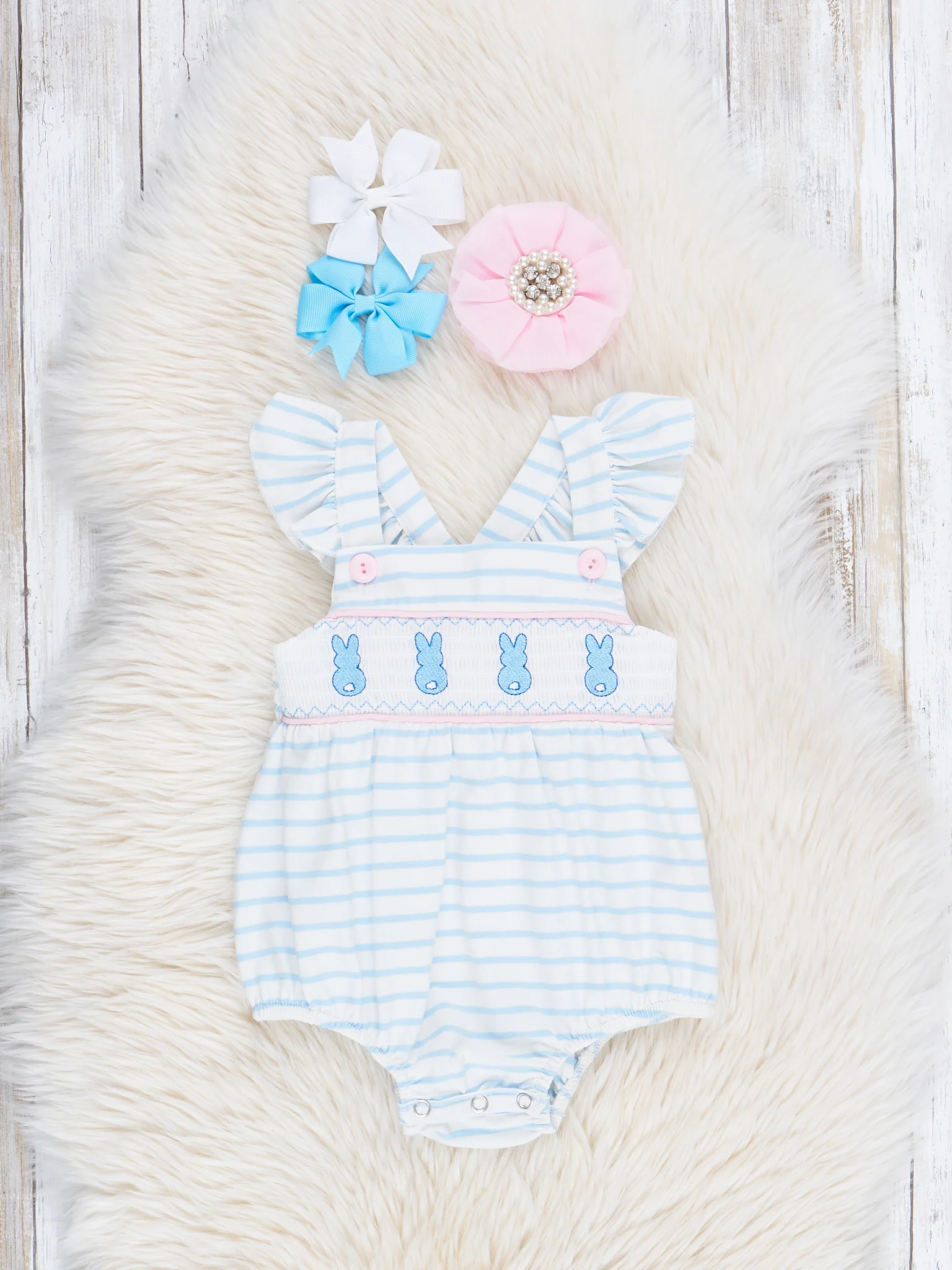 Blue Striped Smocked Bunnies Ruffle Bubble Romper - Image 3