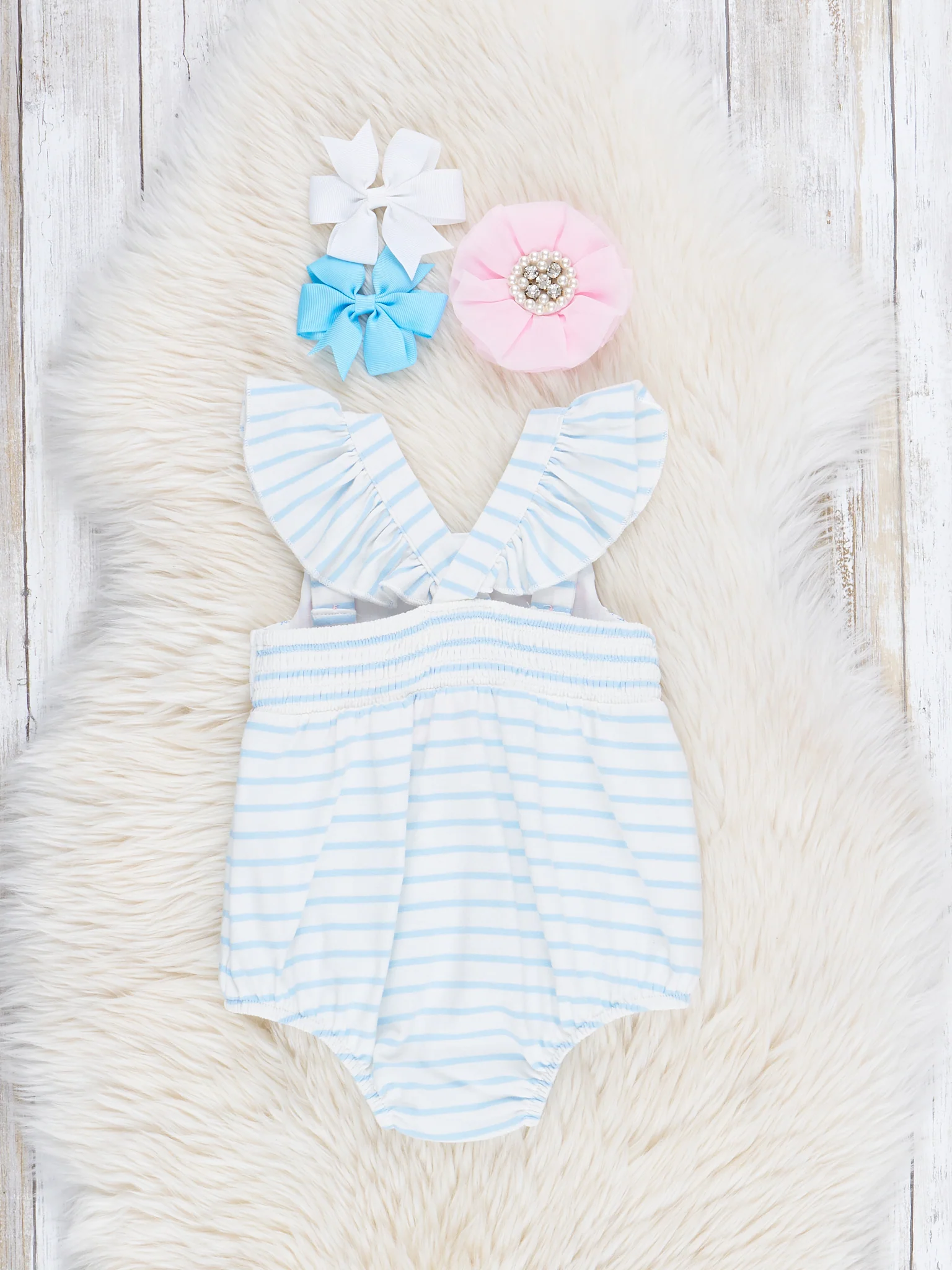 Blue Striped Smocked Bunnies Ruffle Bubble Romper - Image 4