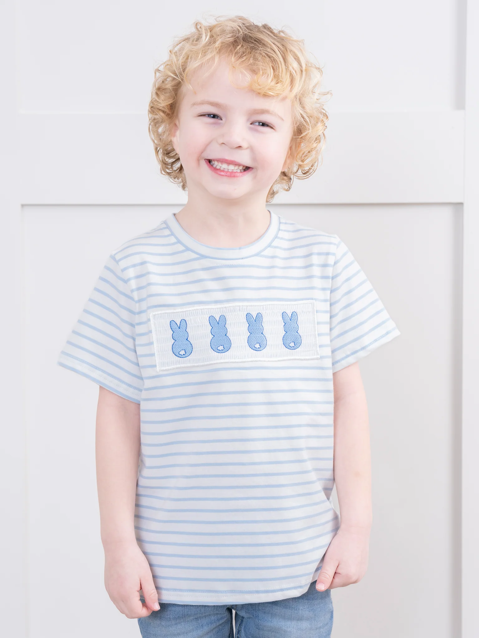 Blue Striped Smocked Bunnies Shirt