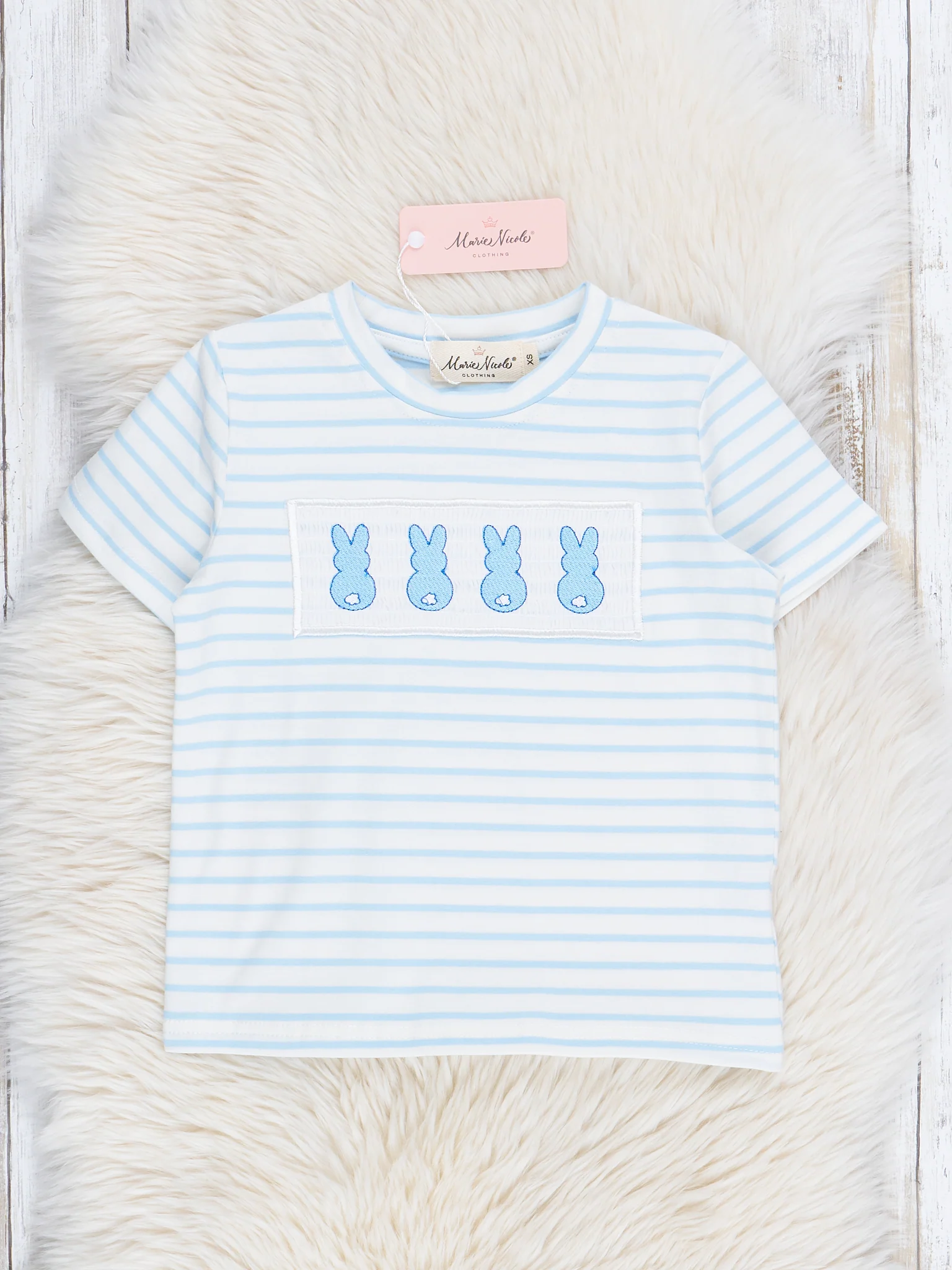 Blue Striped Smocked Bunnies Shirt - Image 2