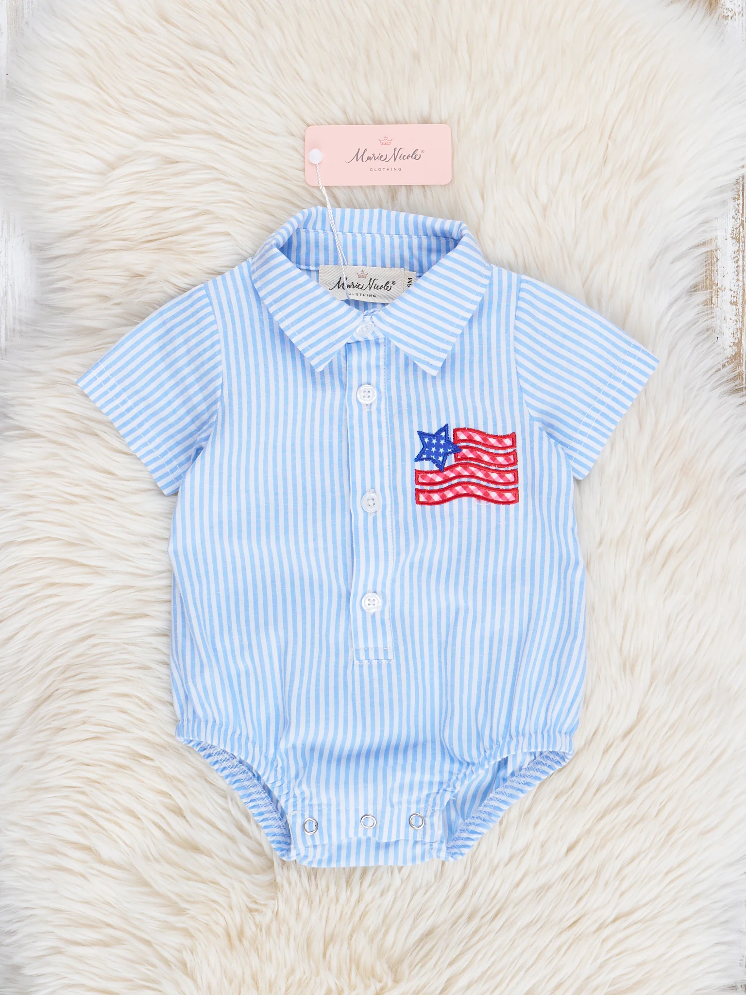 Blue Stripes Embroidered Flag Button Up Bubble Romper
