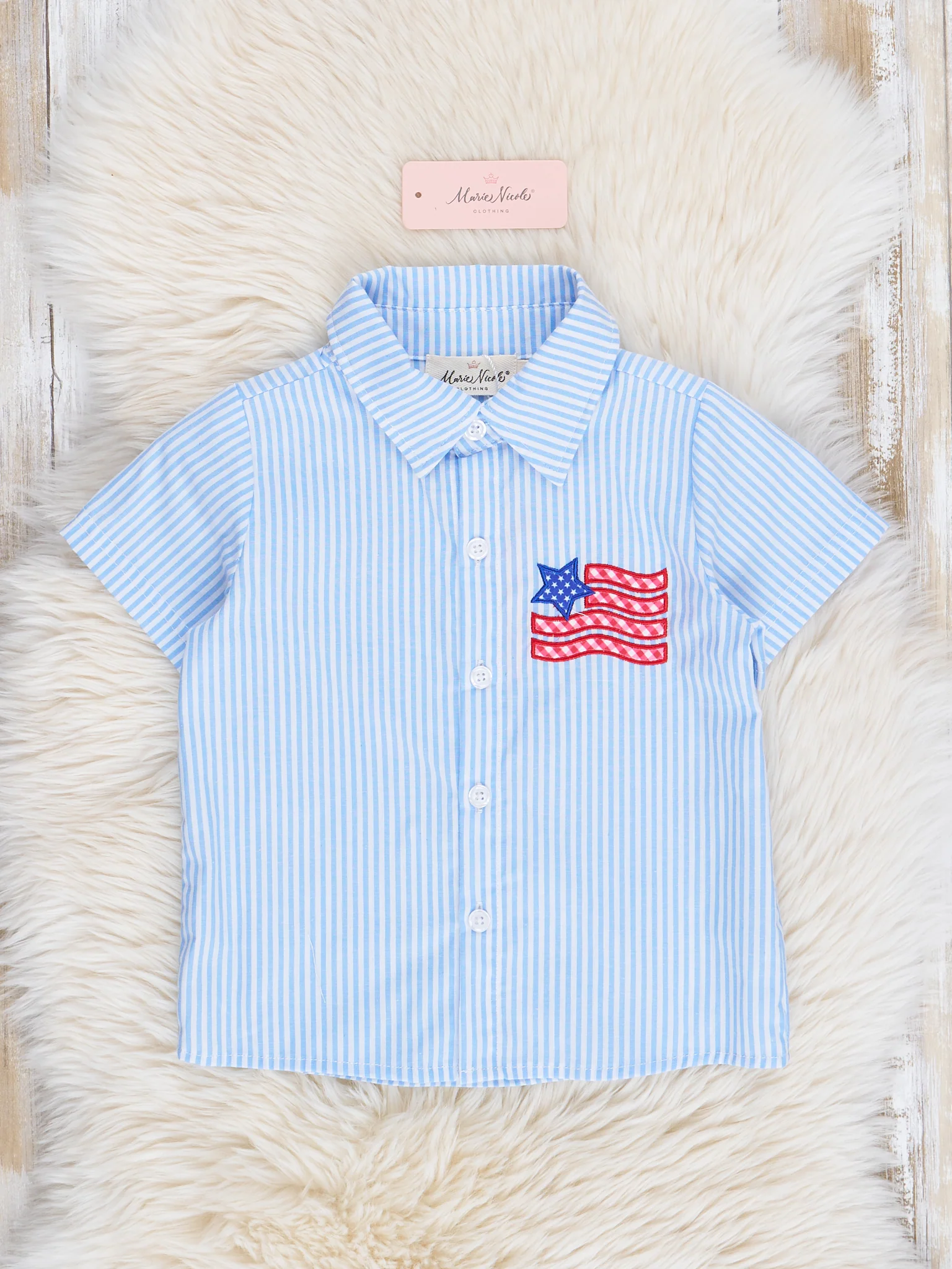 Blue Stripes Embroidered Flag Button Up Shirt