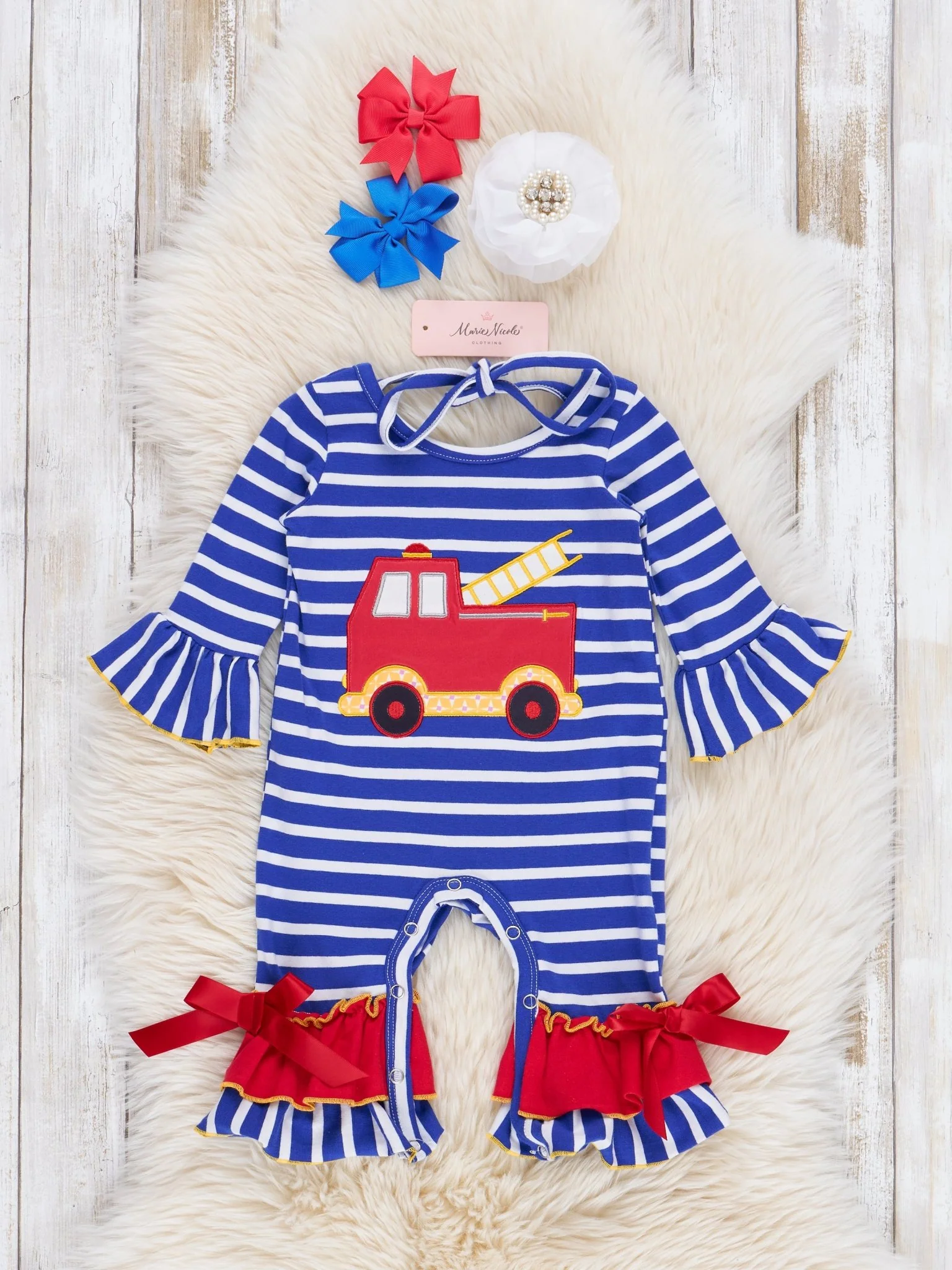 Blue Stripes & Red Fire Engine Ruffle Romper