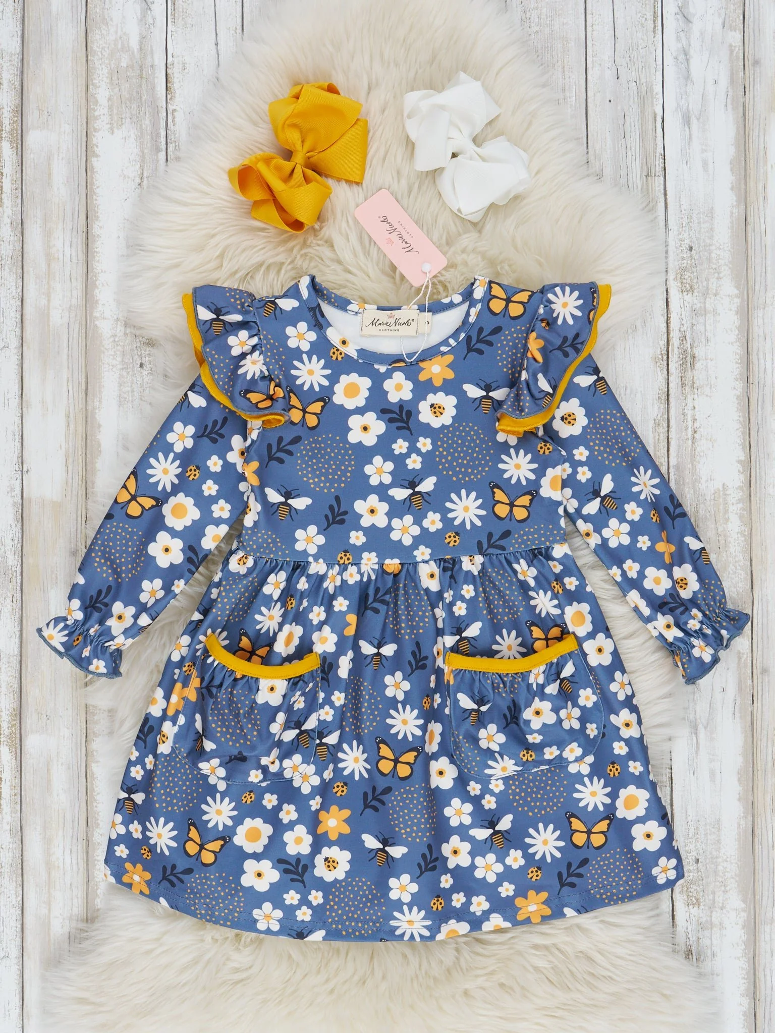 Blue & White Bee Floral Ruffle Dress