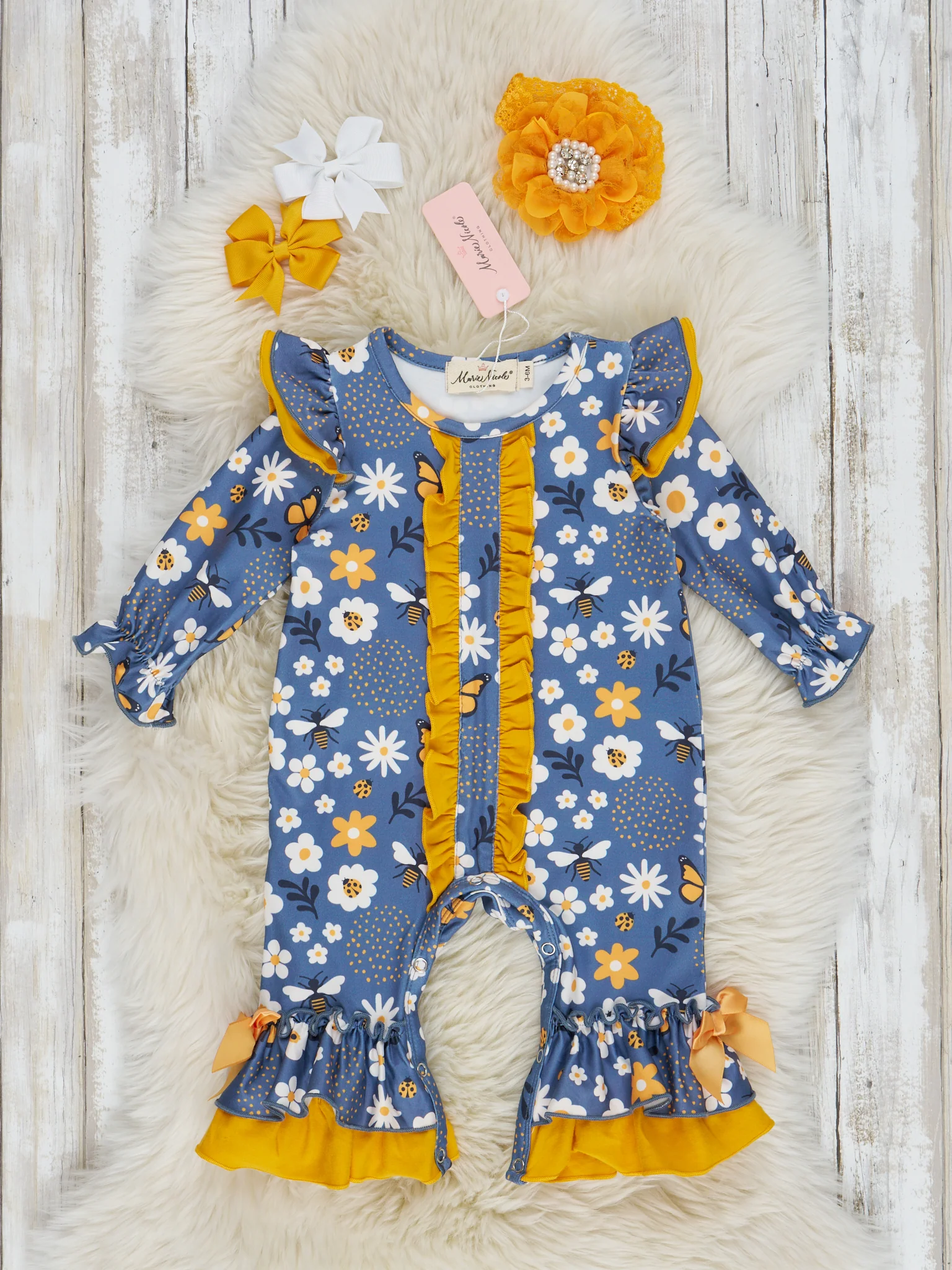 Blue & White Bee Floral Ruffle Romper