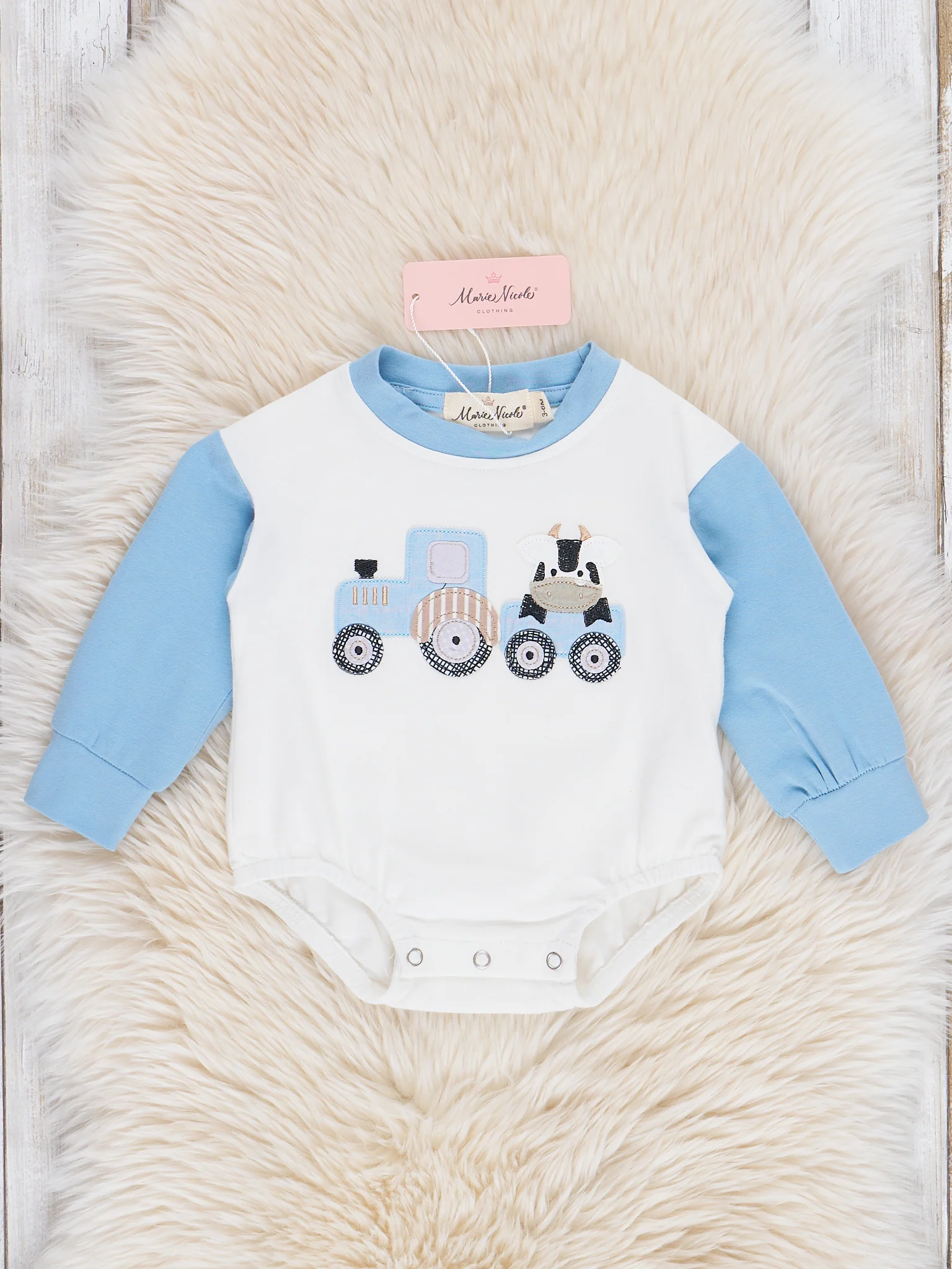 Blue & White Embroidered Cow Train Bubble Romper