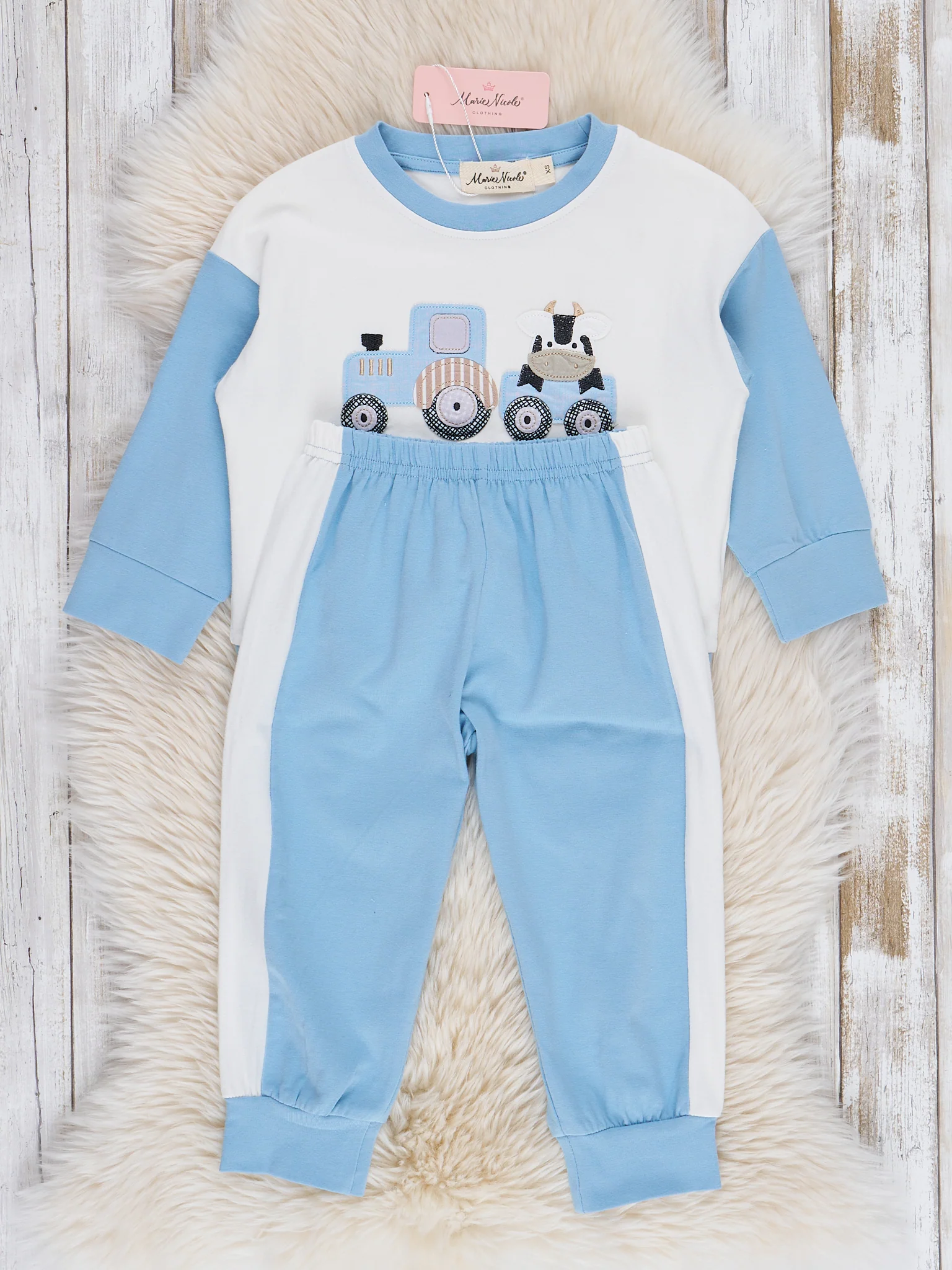 Blue & White Embroidered Cow Train Outfit - Image 2