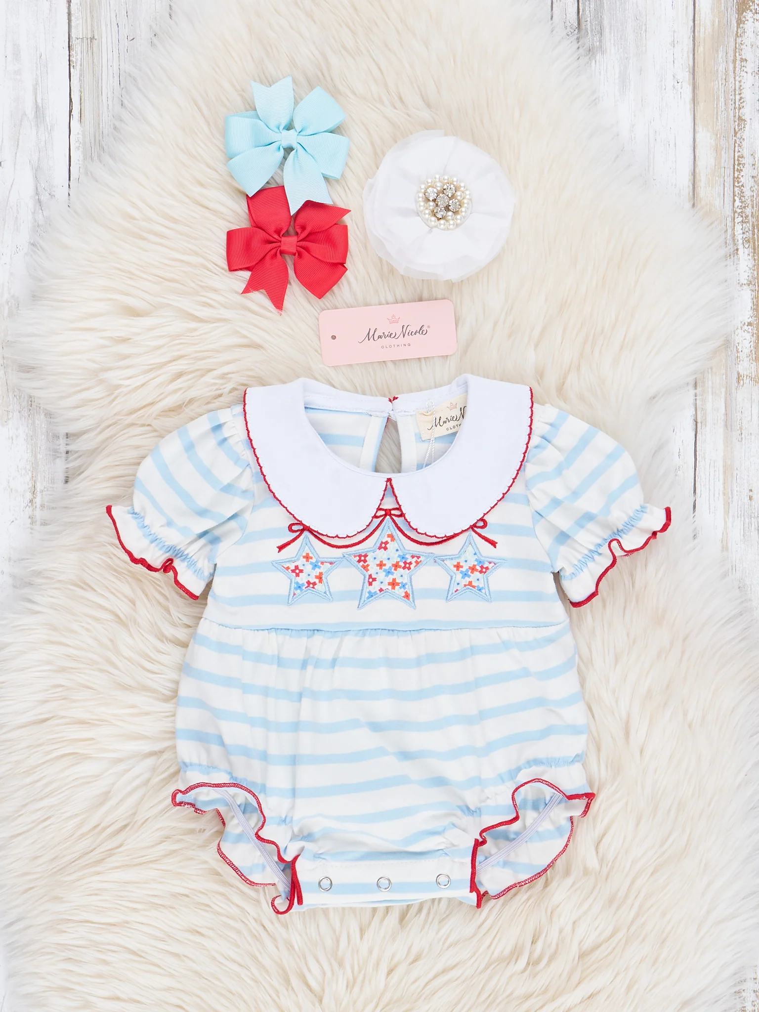 Blue & White Striped Patriotic Stars Bubble Romper