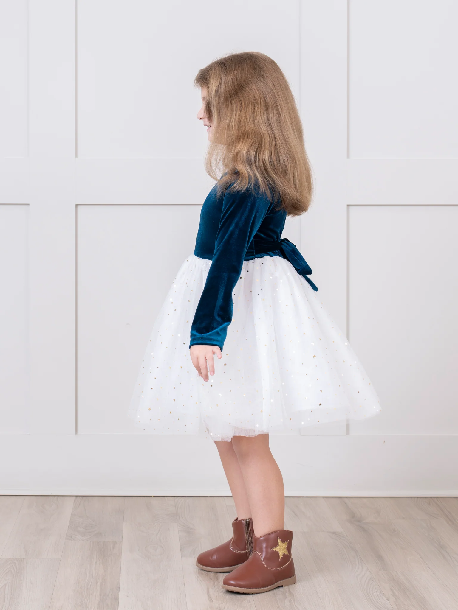 Blue & White Velvet Tulle Party Dress - Image 4