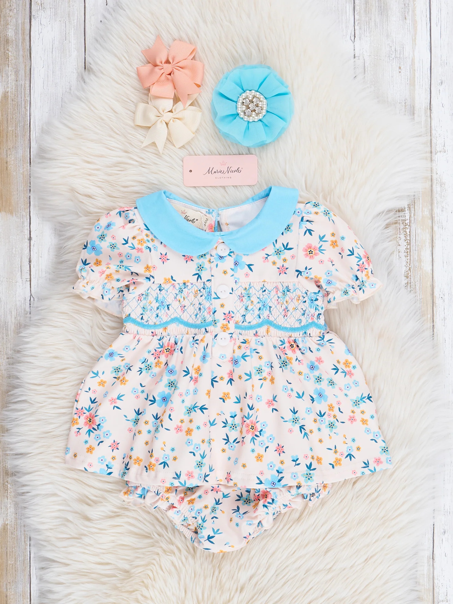 Blue Wildflowers Smocked Bloomers Outfit