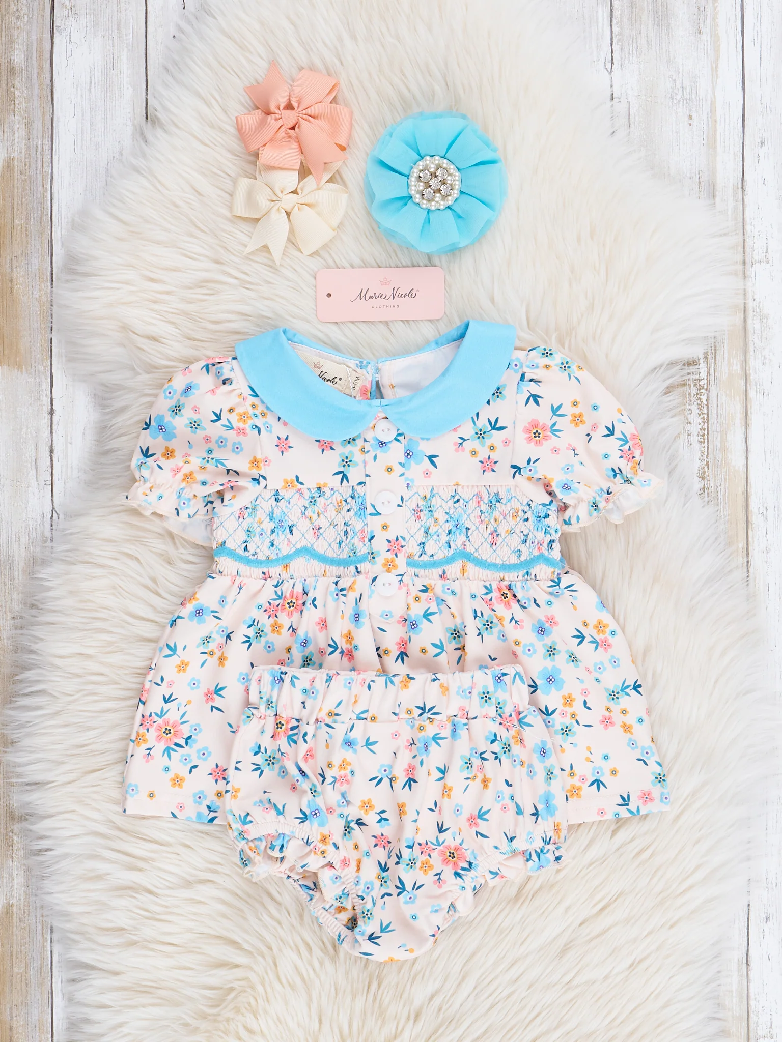 Blue Wildflowers Smocked Bloomers Outfit - Image 2