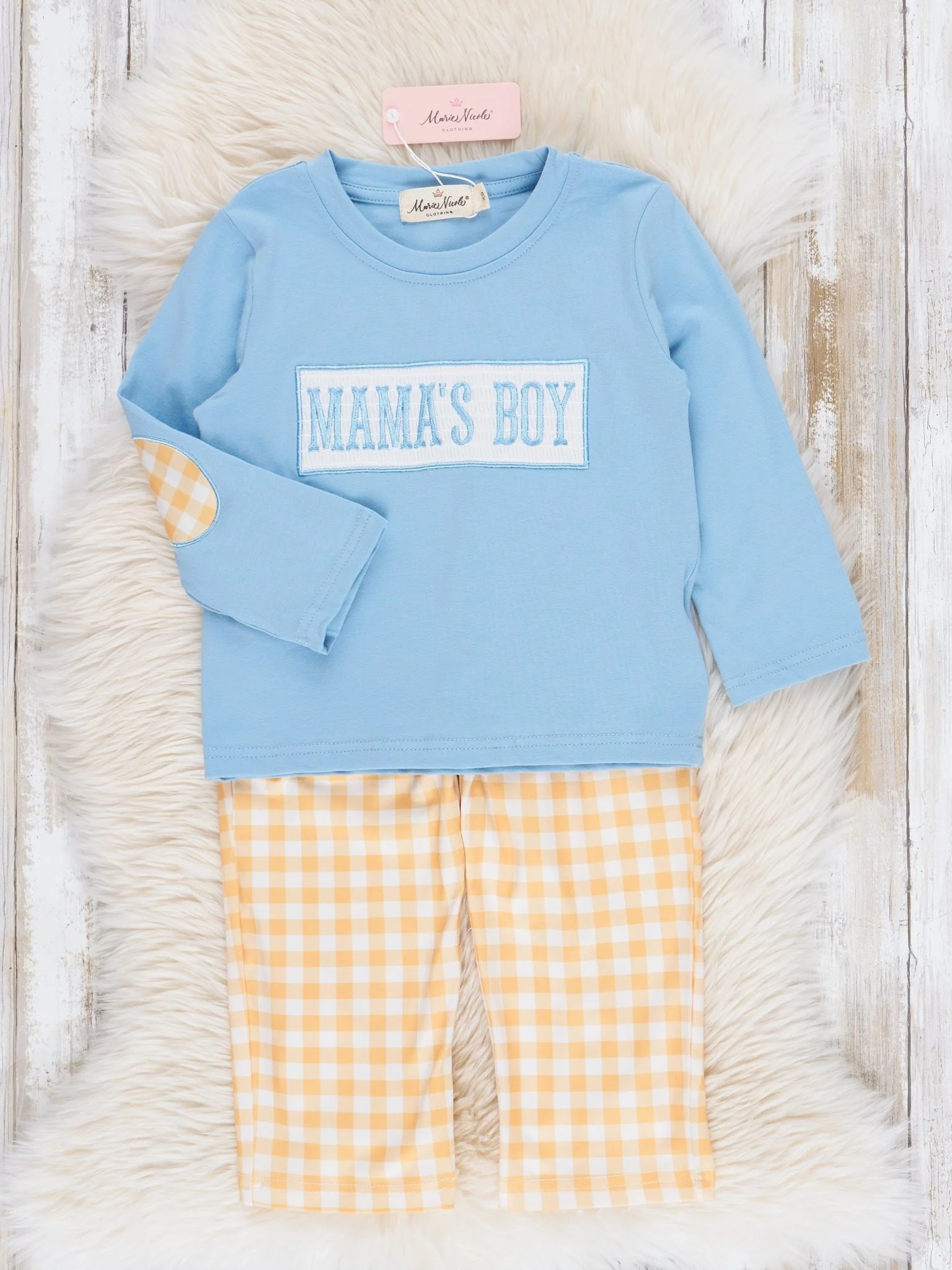 Blue & Yellow Smocked "Mama's Boy" Outfit