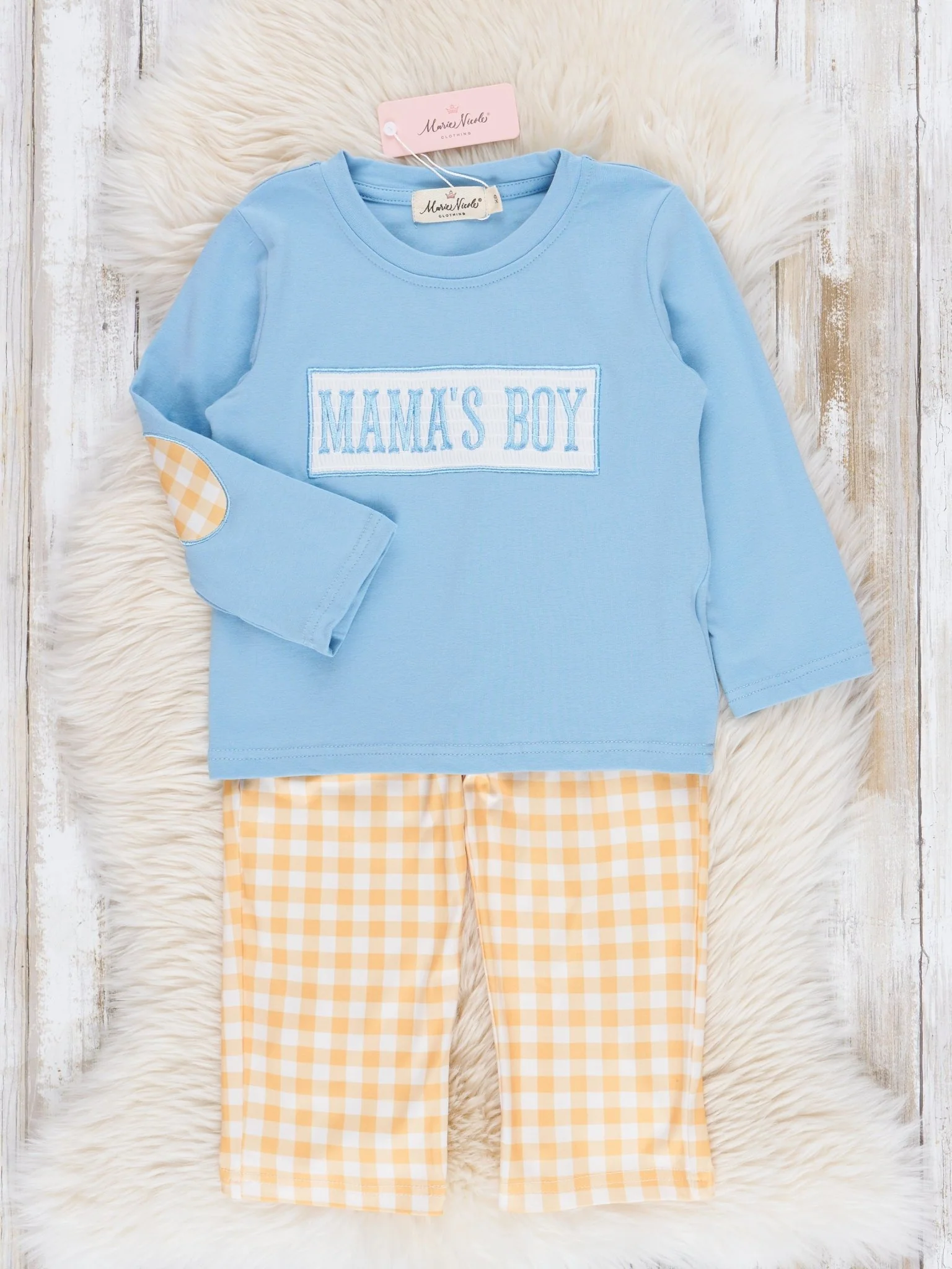 Blue & Yellow Smocked "Mama's Boy" Outfit - Image 2