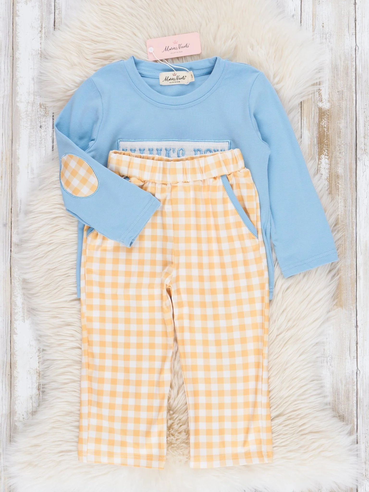Blue & Yellow Smocked "Mama's Boy" Outfit - Image 3