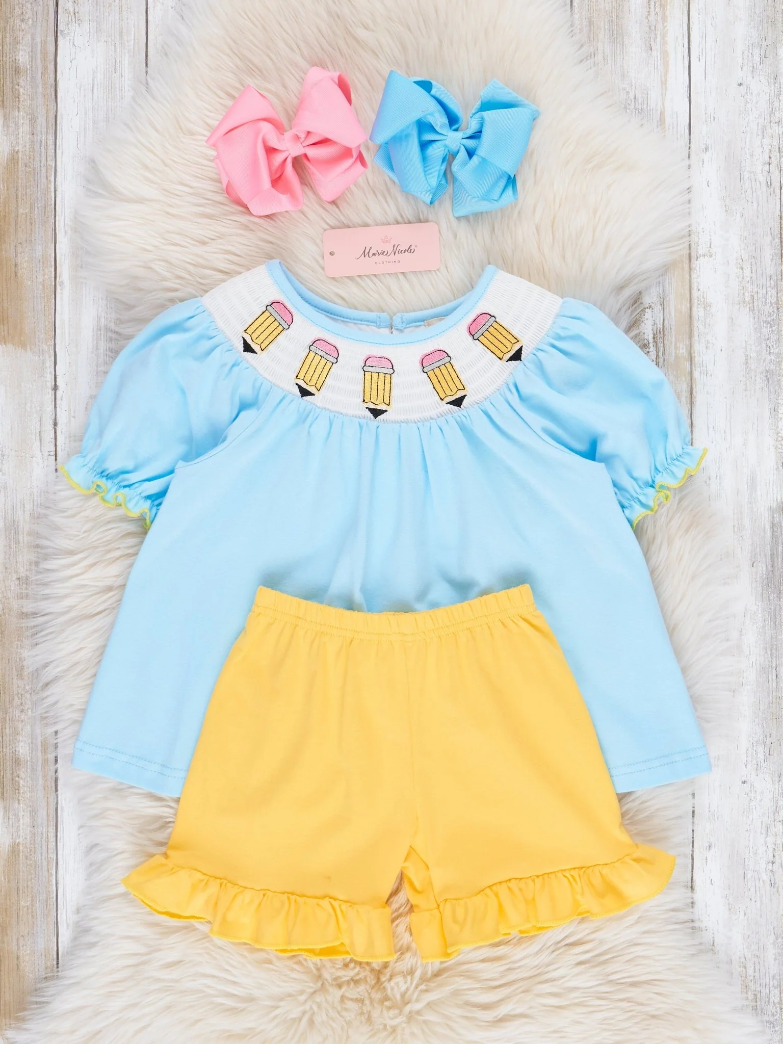 Blue & Yellow Smocked Pencils Outfit - Image 3