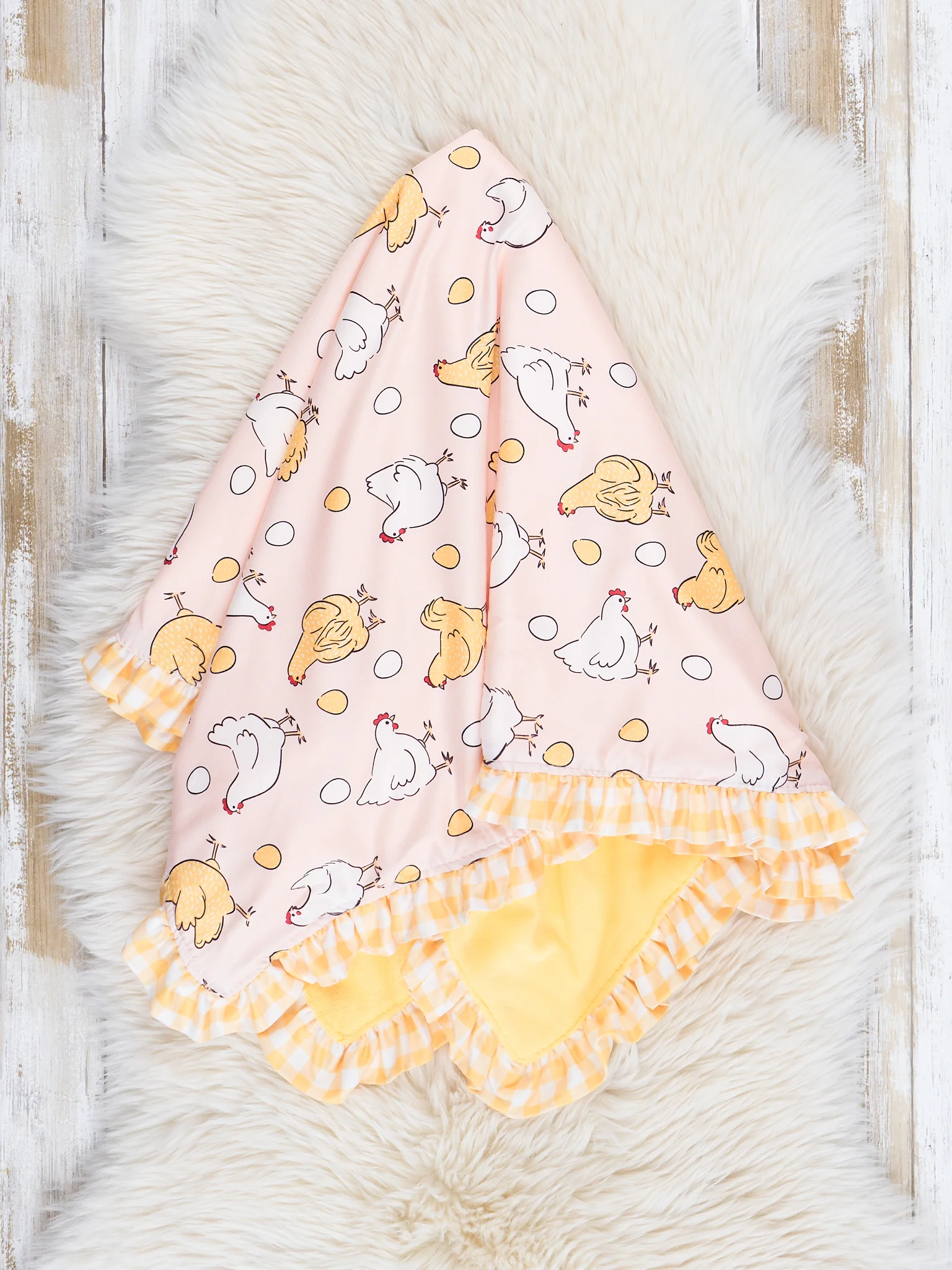 Blush & Yellow Gingham Chicken Ruffle Minky Blanket