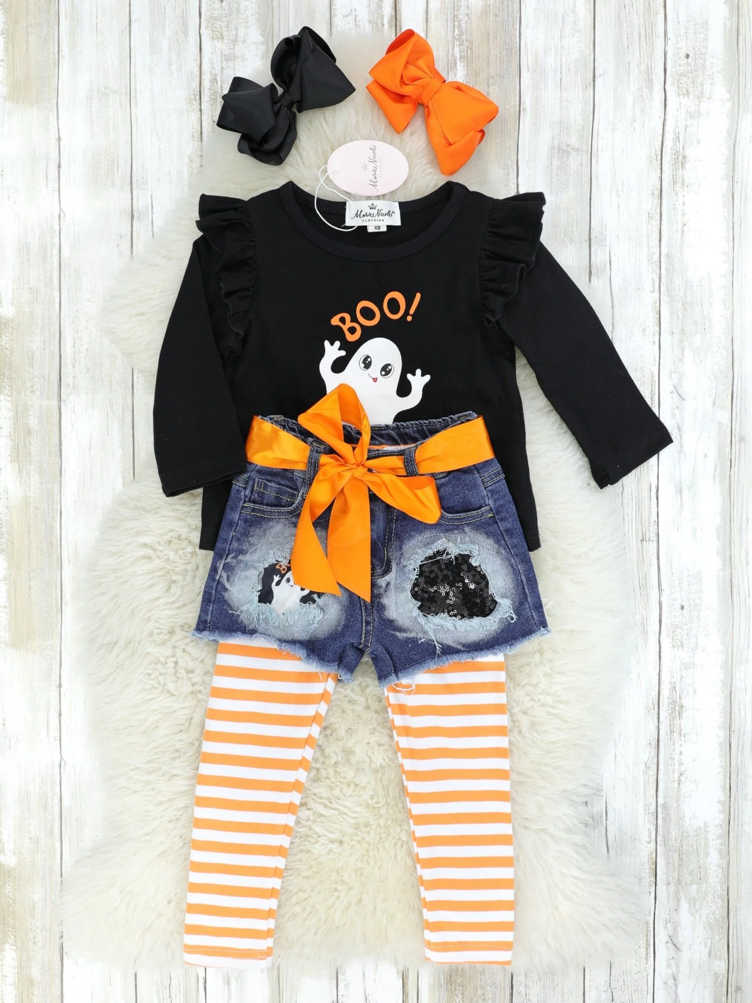 "BOO" Ruffle Top, Distressed Denim Shorts & Striped Leggings Outfit - Image 2