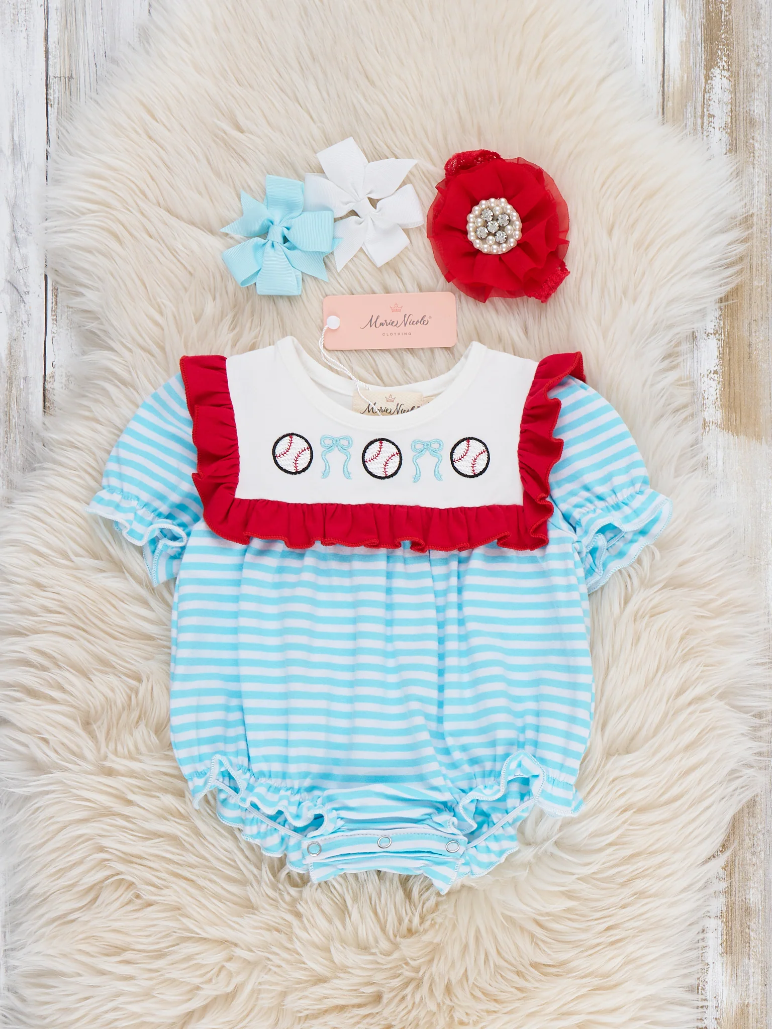 Bow Knot Baseball Embroidered Cotton Ruffle Bubble Romper