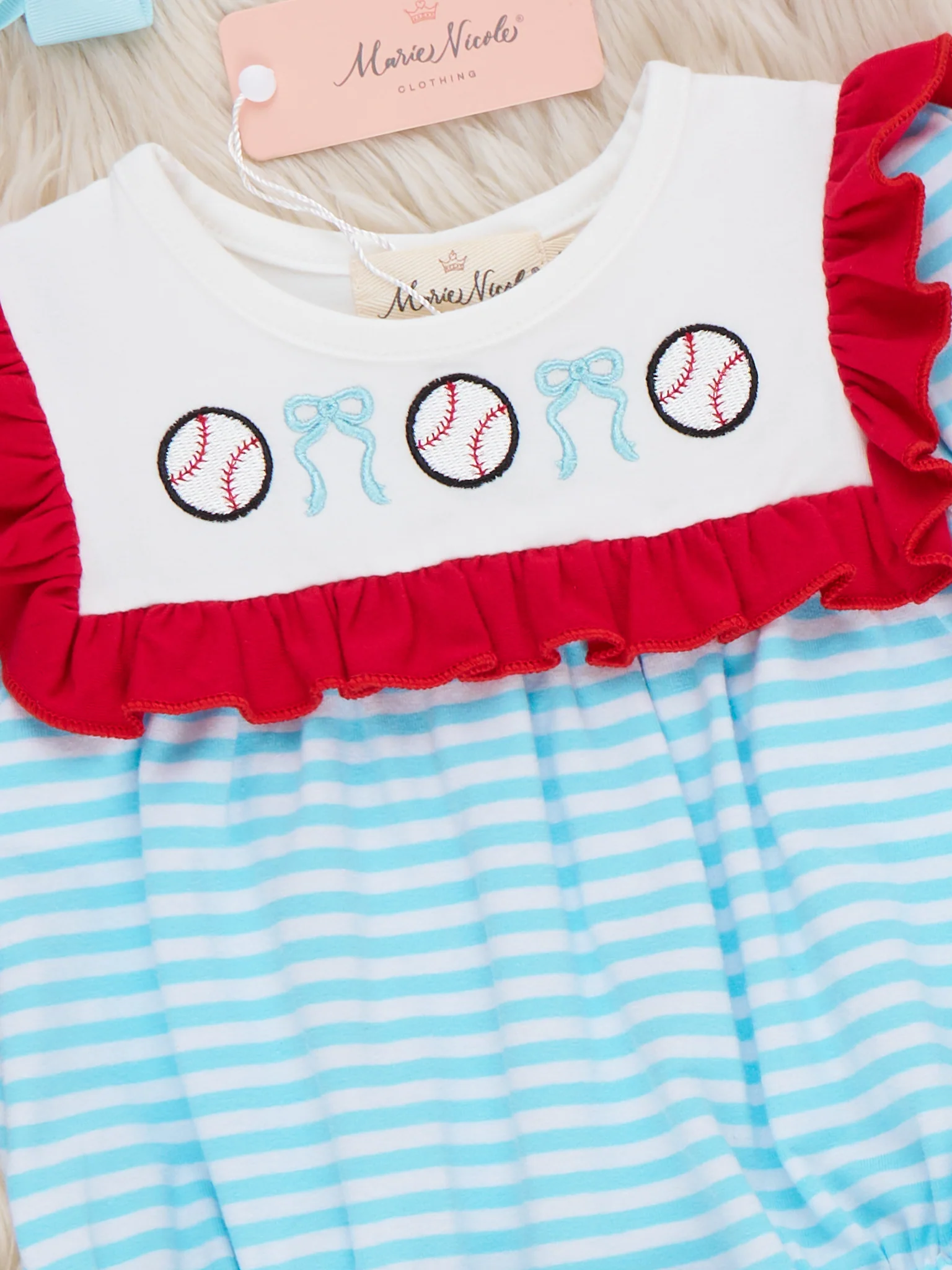 Bow Knot Baseball Embroidered Cotton Ruffle Bubble Romper - Image 2