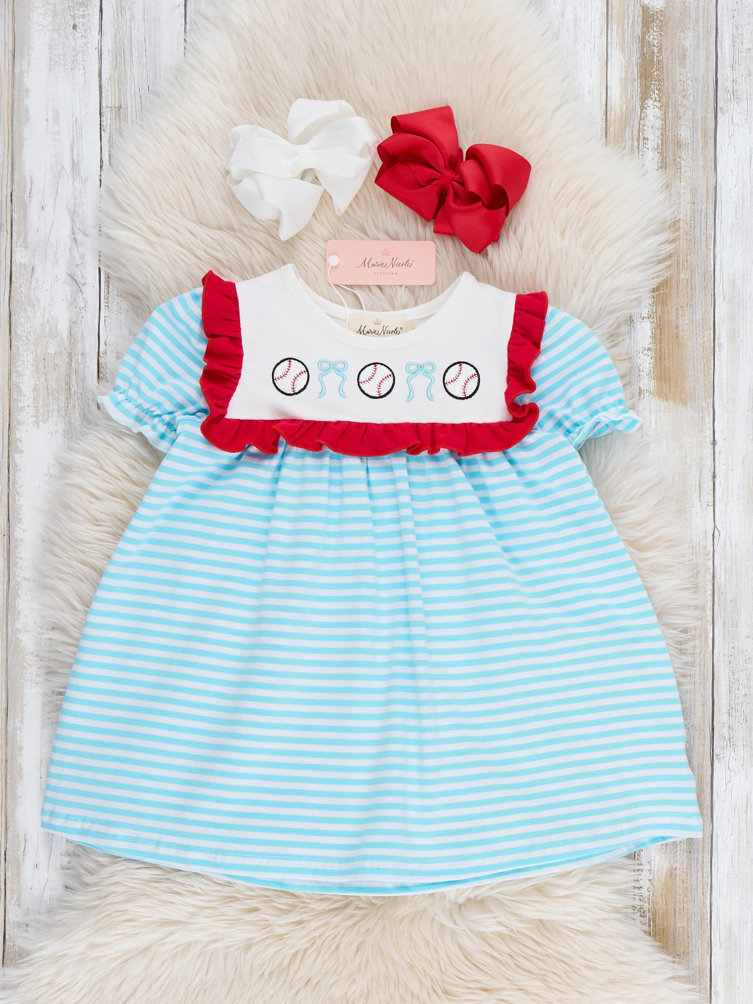 Bow Knot Baseball Embroidered Cotton Ruffle Dress - Image 2