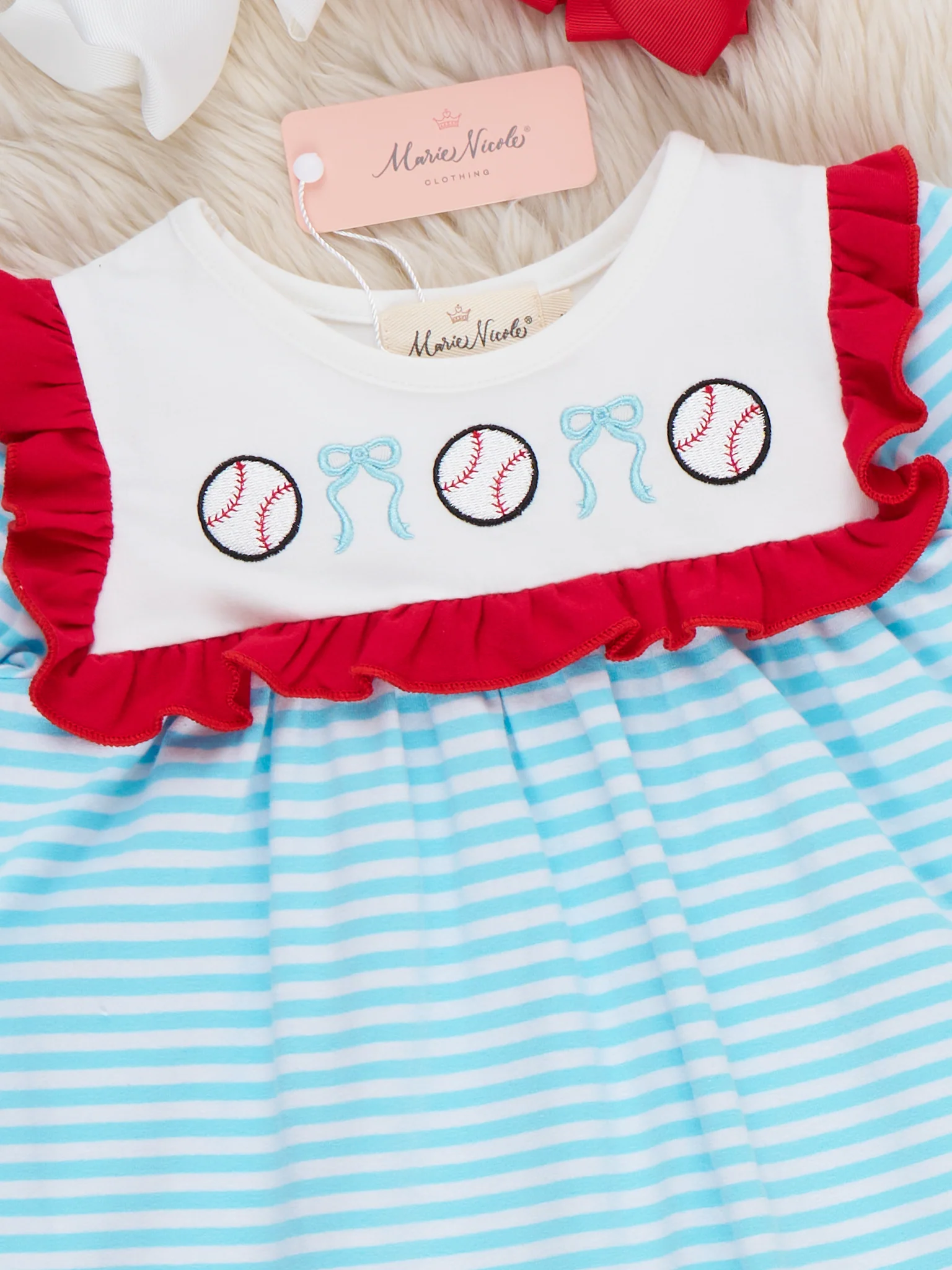 Bow Knot Baseball Embroidered Cotton Ruffle Dress - Image 3