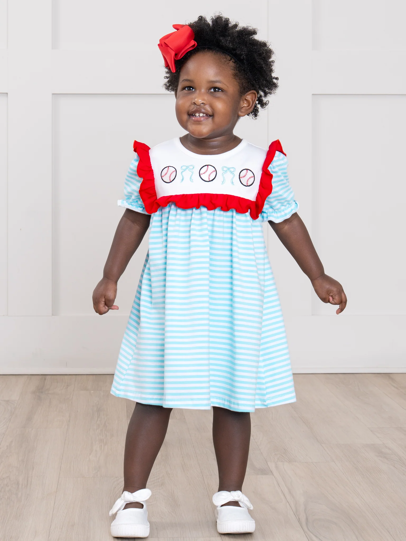 Bow Knot Baseball Embroidered Cotton Ruffle Dress - Image 4