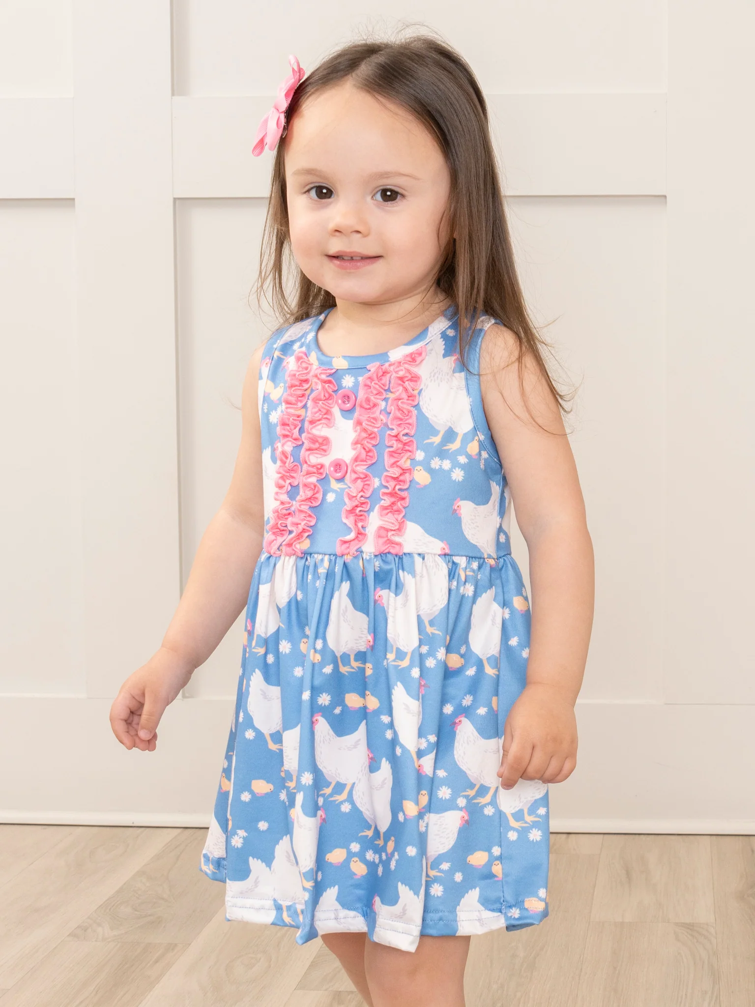 Bright Blue & Pink Chicken Ruffle Dress - Image 3