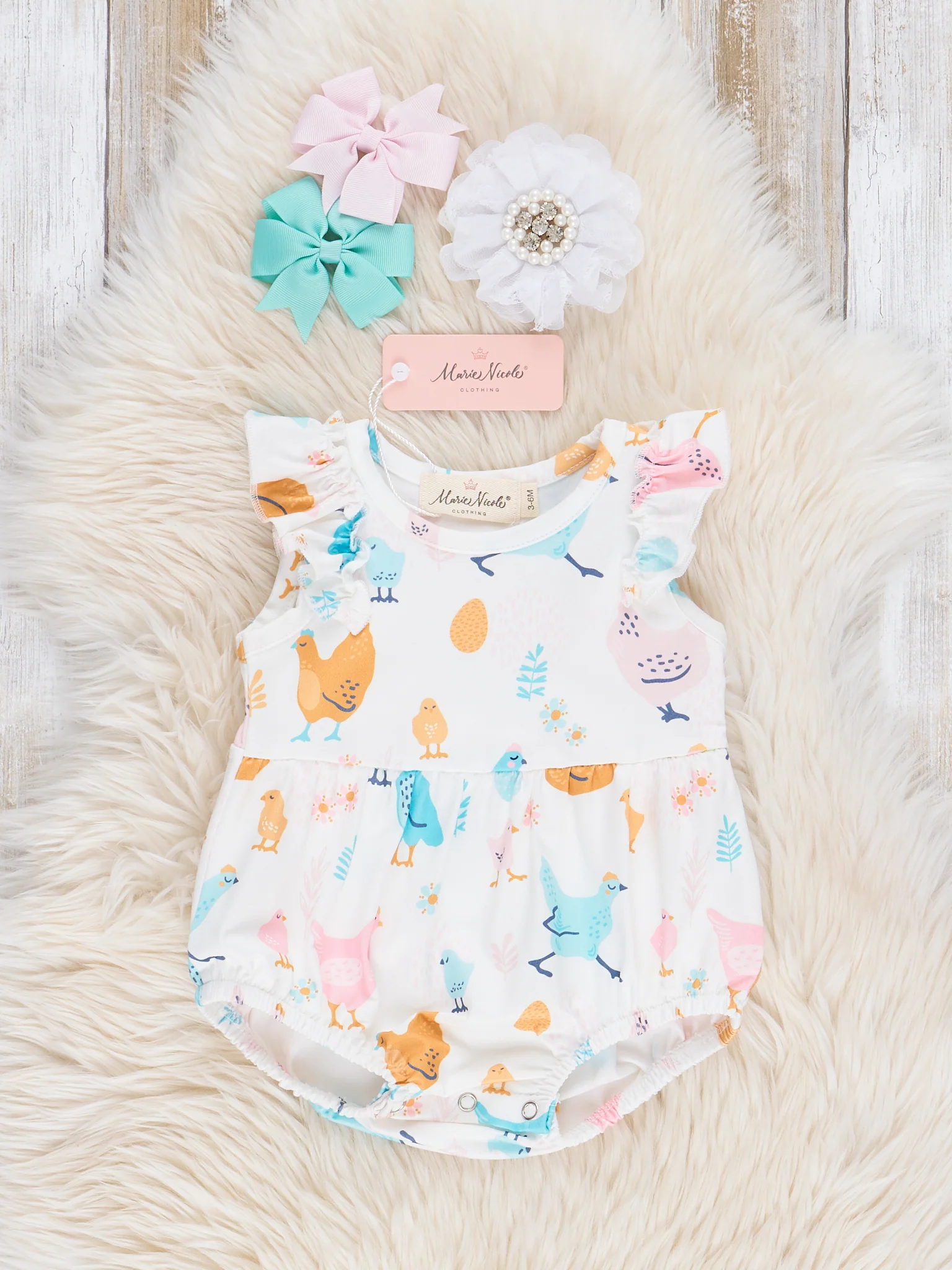 Bright Chicken Ruffle Bubble Romper