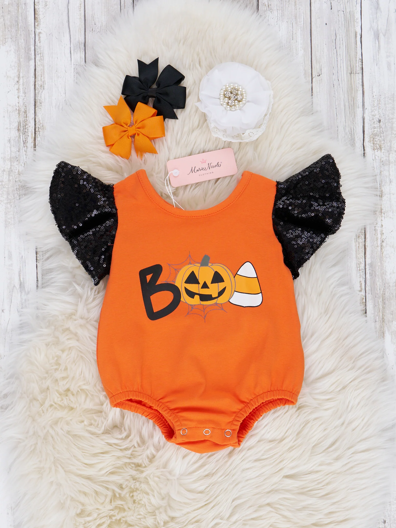 Bright Orange "Boo" Sequin Ruffle Romper