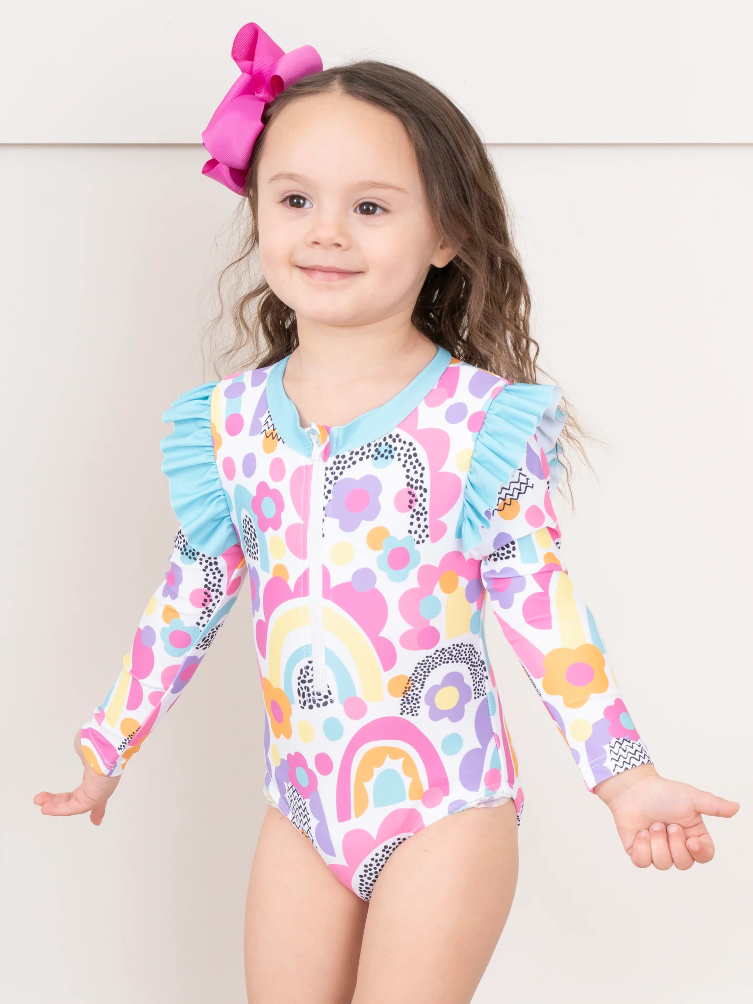 Bright Rainbows Ruffle One-Piece Rashguard Swimsuit
