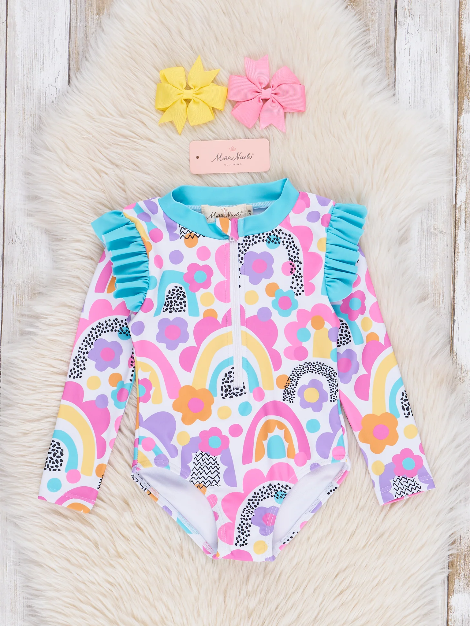 Bright Rainbows Ruffle One-Piece Rashguard Swimsuit - Image 2
